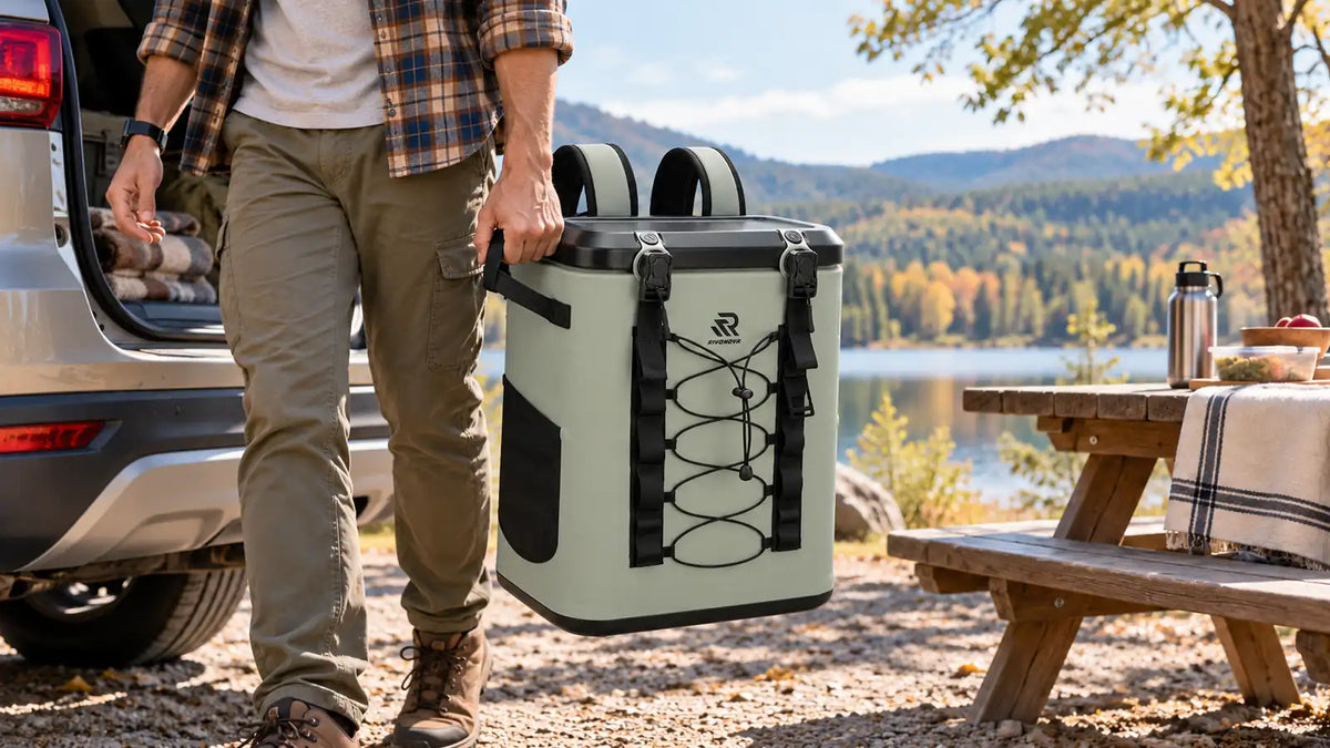 Traveler carrying a green RIVONOVA magnetic cooler by its side handle from a parked SUV beside a lakeside picnic area