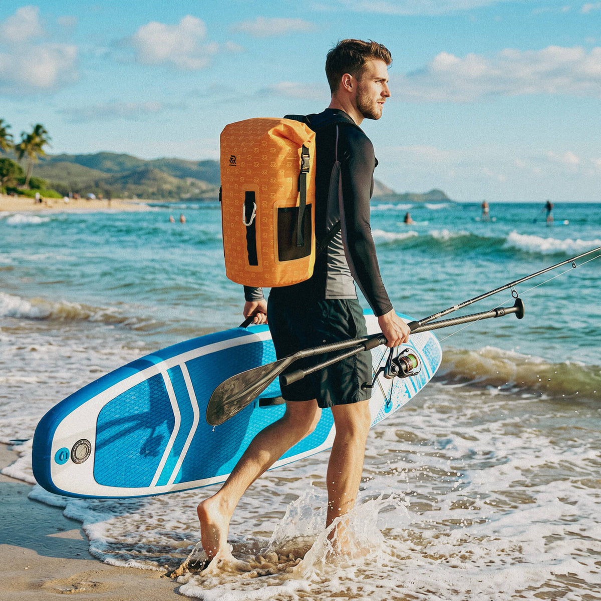 RIVONOVA roll top backpack cooler for kayaking, and fishing.