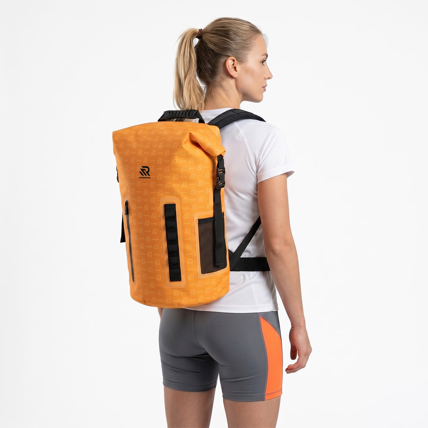 RIVONOVA 35L Roll-Top Backpack Cooler - side view worn#Size_35L#Color_Orange
