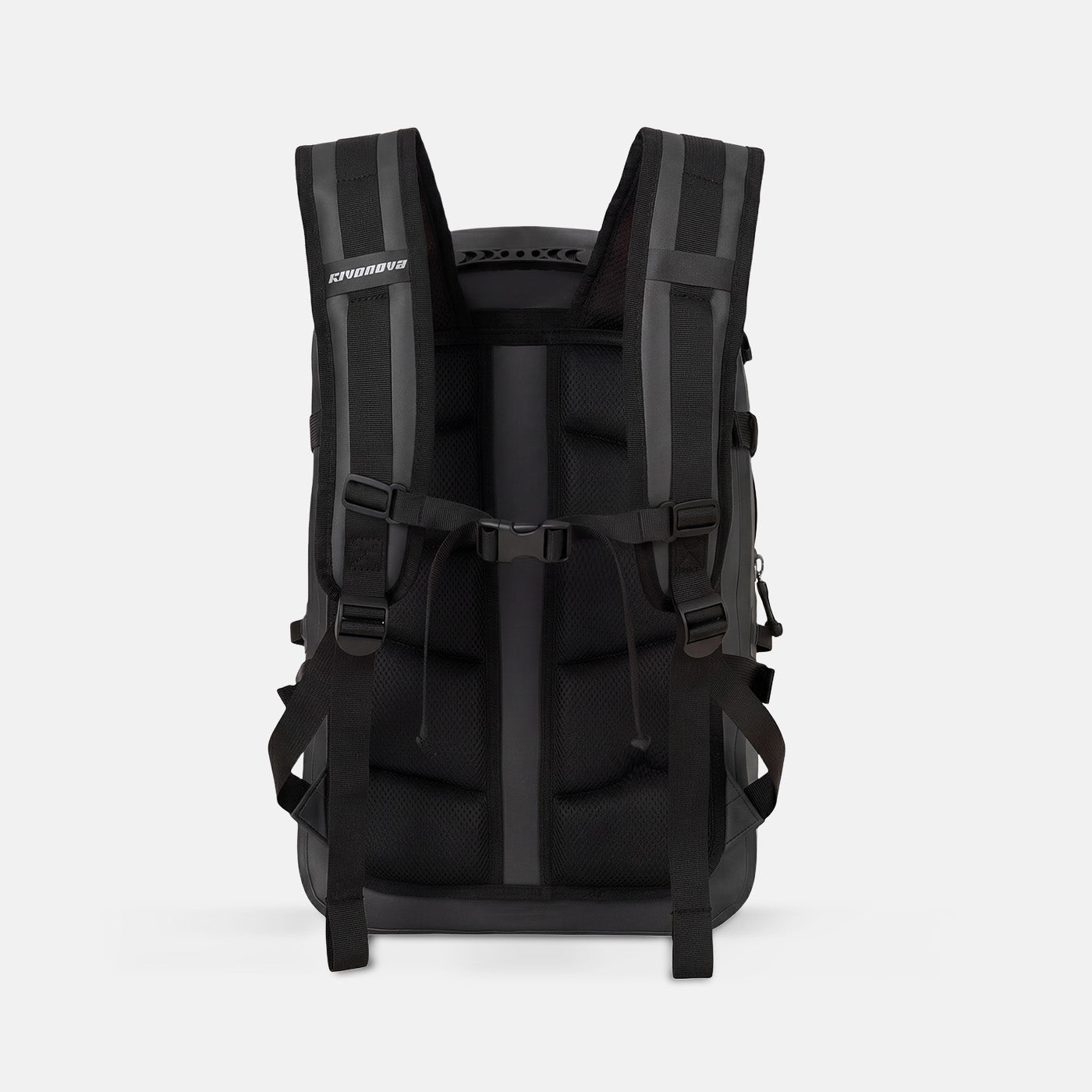 RIVONOVA 30L Waterproof Backpack in Black - back view with ergonomic quick-drying back panel and shoulder straps#Color_Black