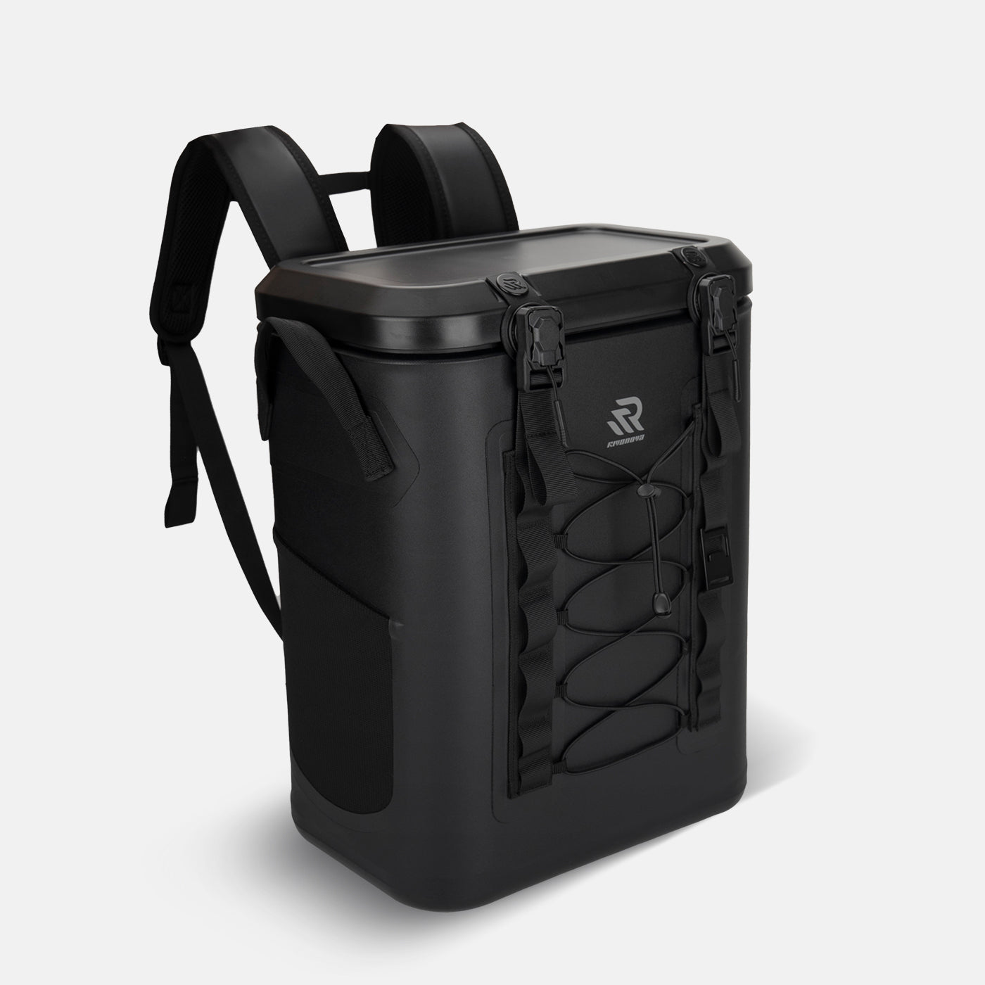 #Color_Black RIVONOVA 24Can Magnetic Soft Cooler - front view with magnetic closure, dual-buckle.