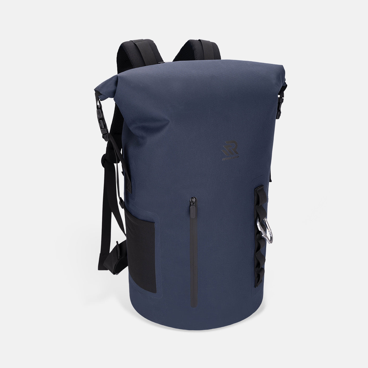RIVONOVA 35L Roll-Top Backpack Cooler in Navy - front view with a waterproof zippered pocket