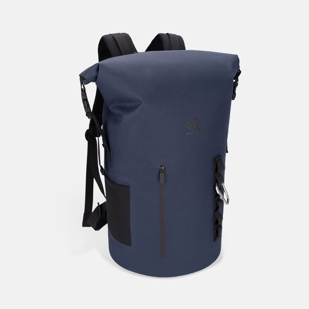 RIVONOVA 35L Roll-Top Backpack Cooler in Navy - front view with a waterproof zippered pocket#Size_35L#Color_navy