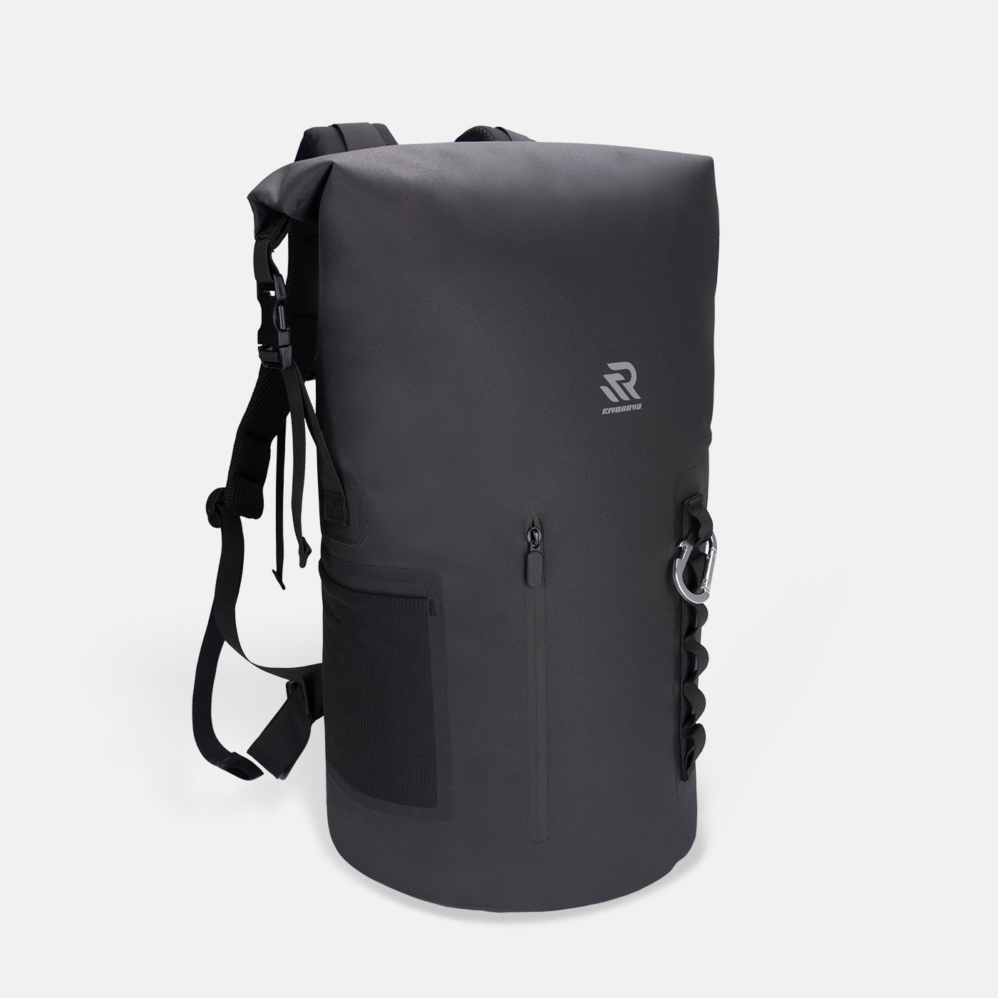 RIVONOVA 35L Roll-Top Backpack Cooler in Black - front view with a waterproof zippered pocket