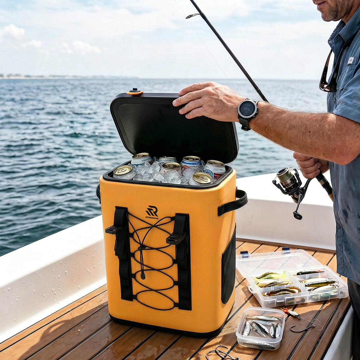 Fishing with one hand while grabbing a drink from the magnetic cooler with the other.