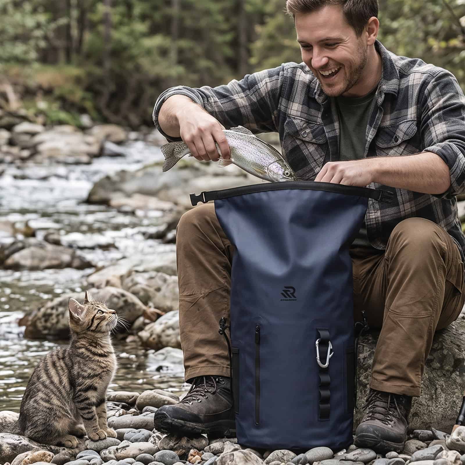 a man put the fish into insulated rivonova roll-top backpack cooler