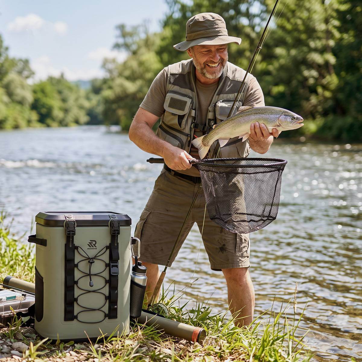 RIVONOVA magnetic soft backpack cooler for fishing#Color_Green