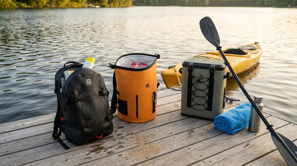 Waterproof backpack and soft coolers on a dock after a day of kayaking