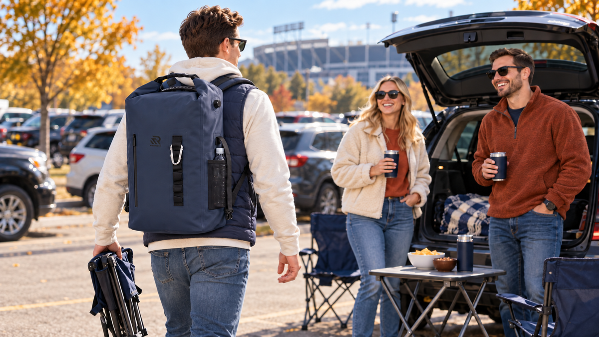 A friend carrying a navy RIVONOVA roll top backpack cooler and folded chair to a small tailgate