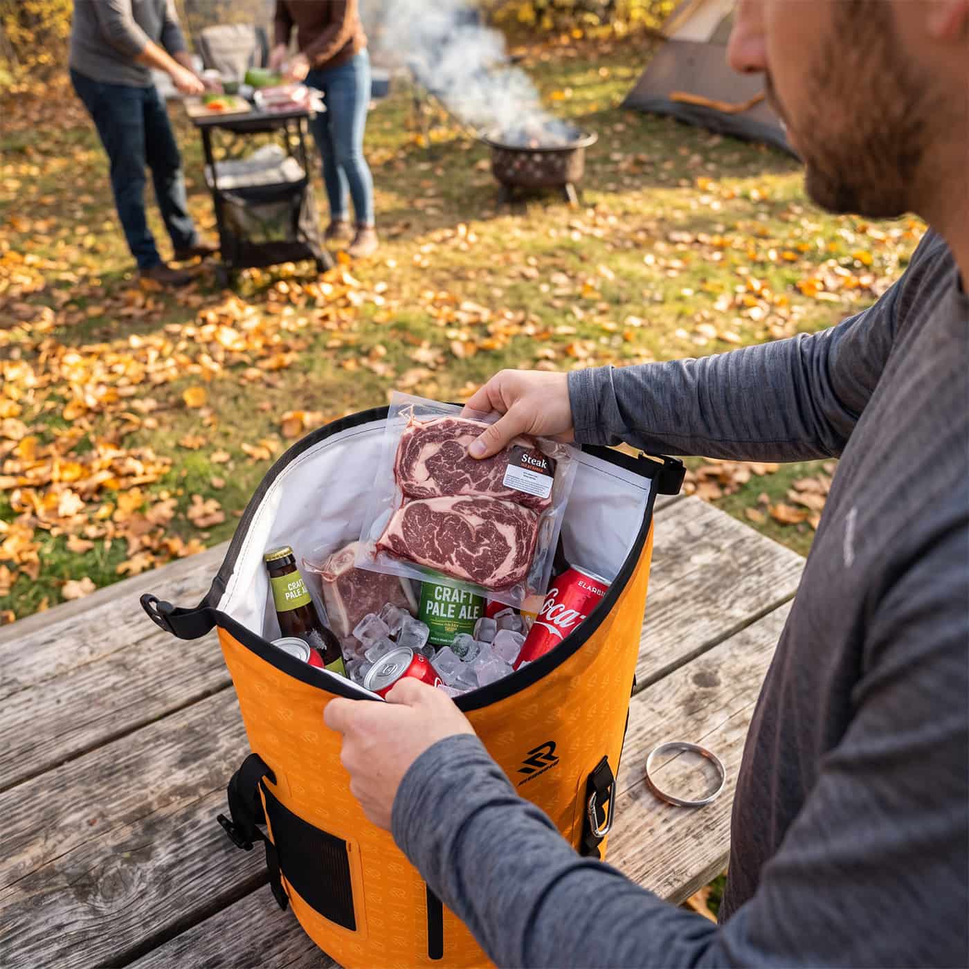 rivonova roll top backpack cooler keep meat, and drinks cold all day#Size_35L#Color_Orange