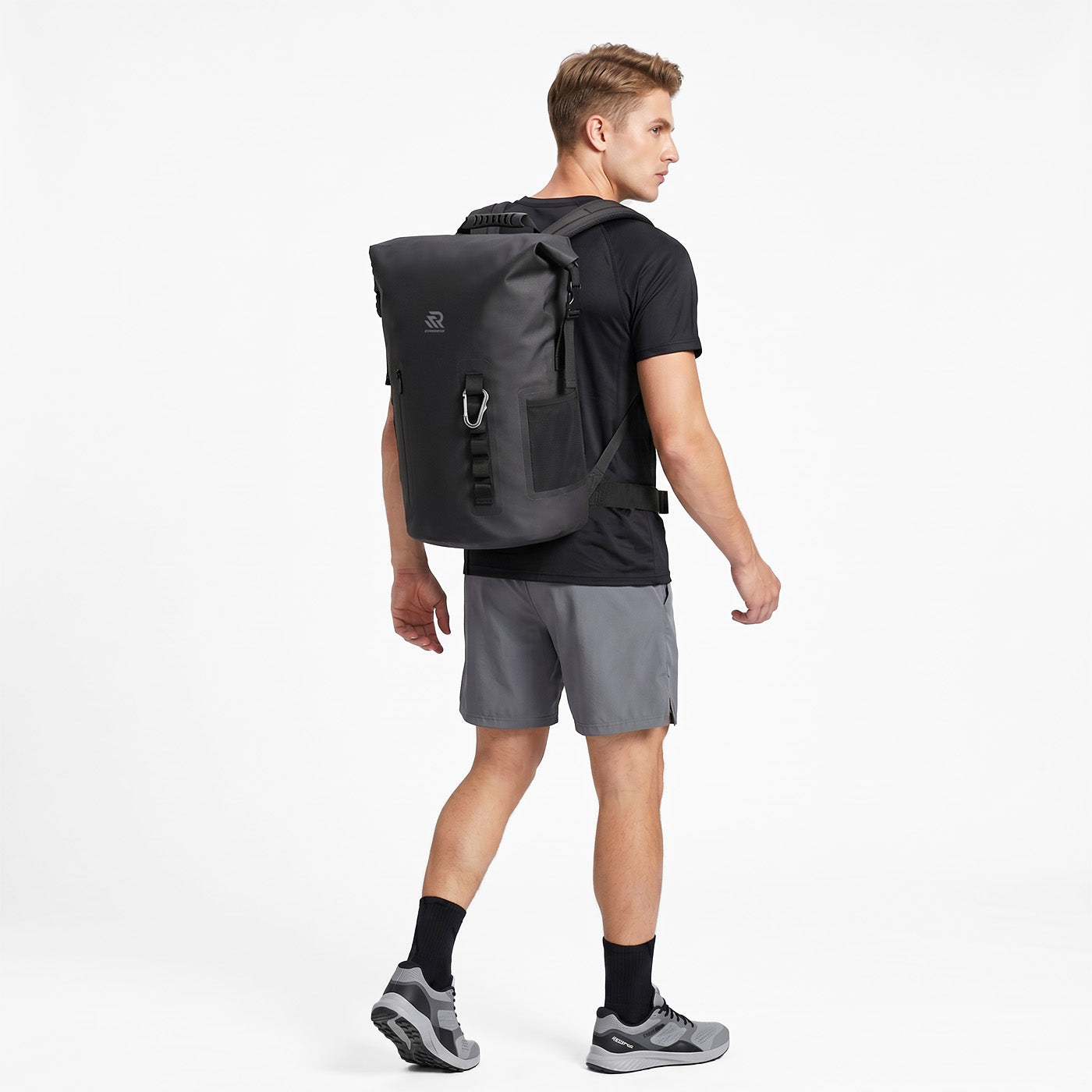 RIVONOVA 35L Roll-Top Backpack Cooler - side view worn#Size_35L#Color_Black