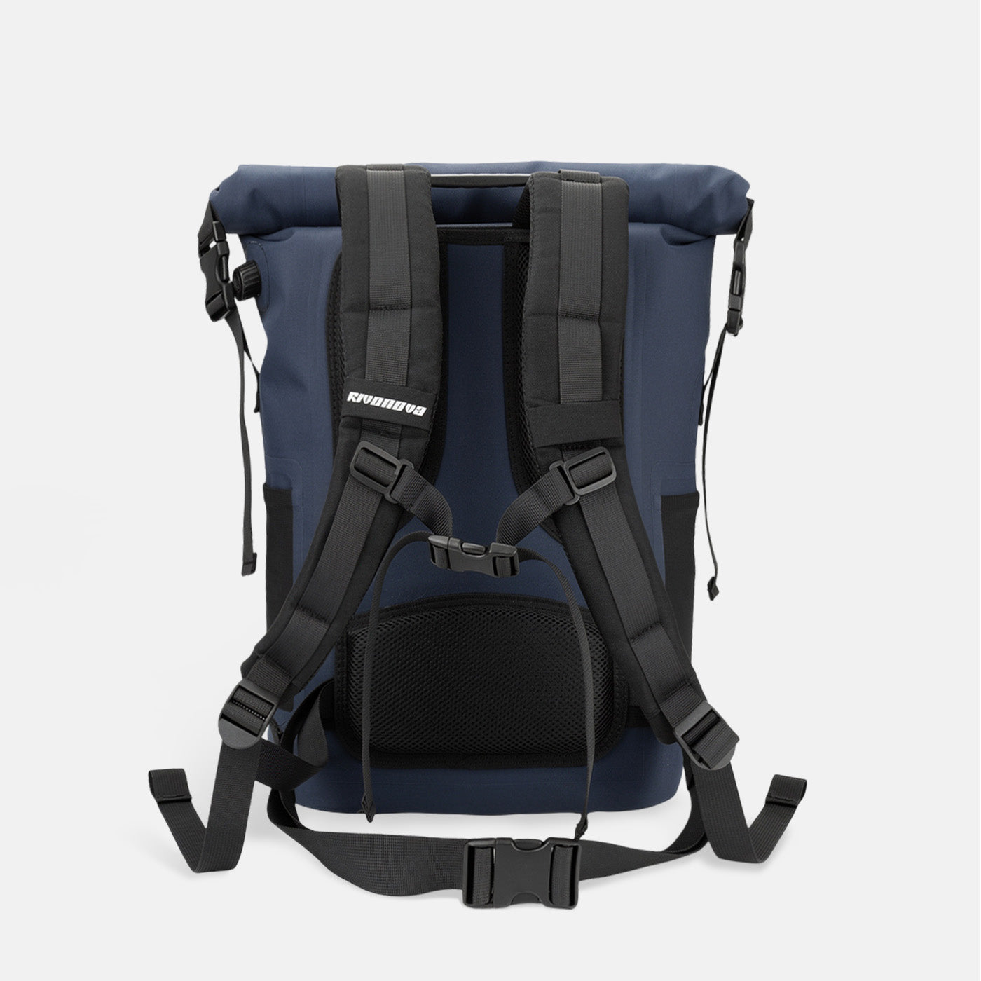 RIVONOVA 35L Roll-Top Backpack Cooler in Navy - back view with quick-drying back panel and shoulder straps