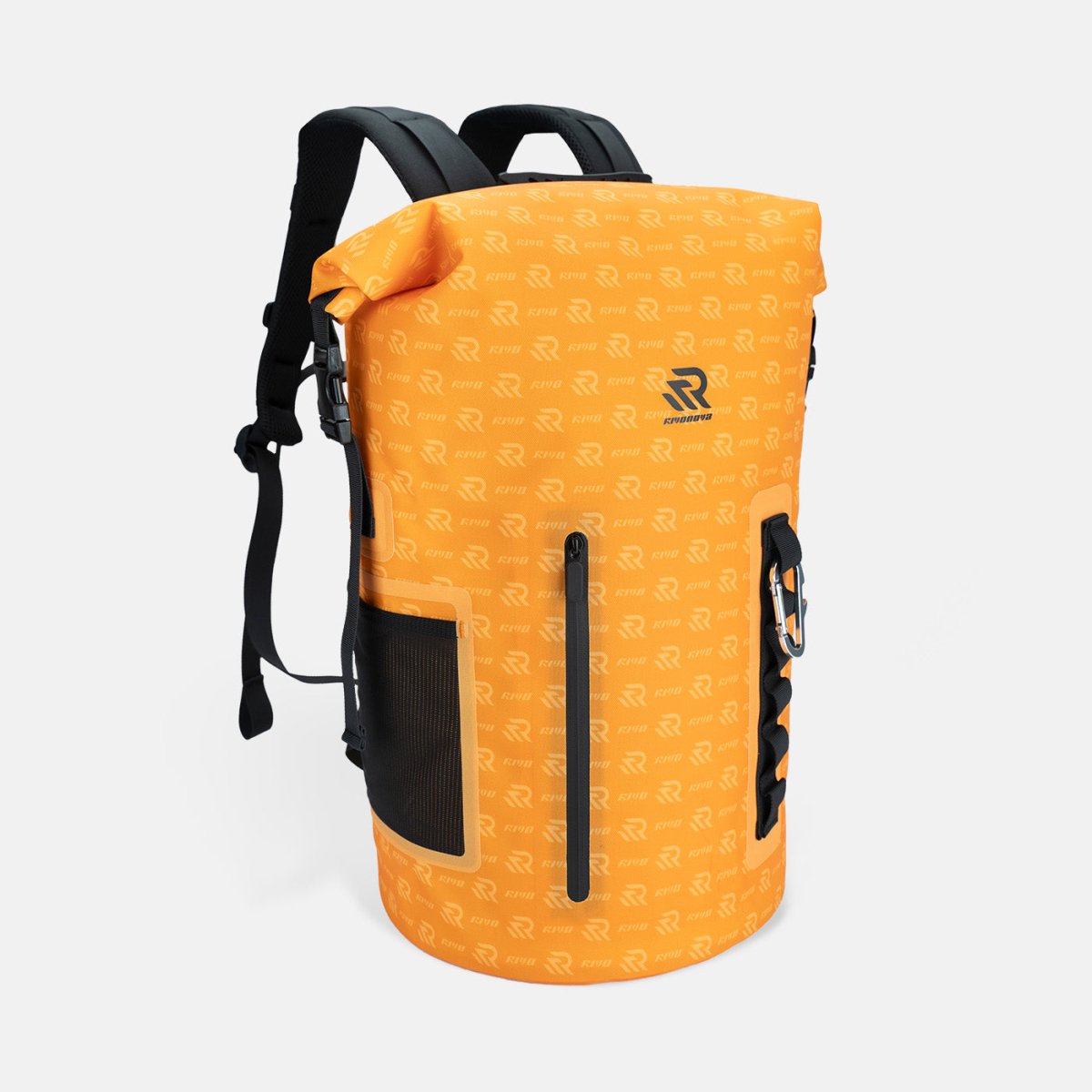 RIVONOVA 35L Roll-Top Backpack Cooler in Orange - front view with a waterproof zippered pocket#Size_35L#Color_orange