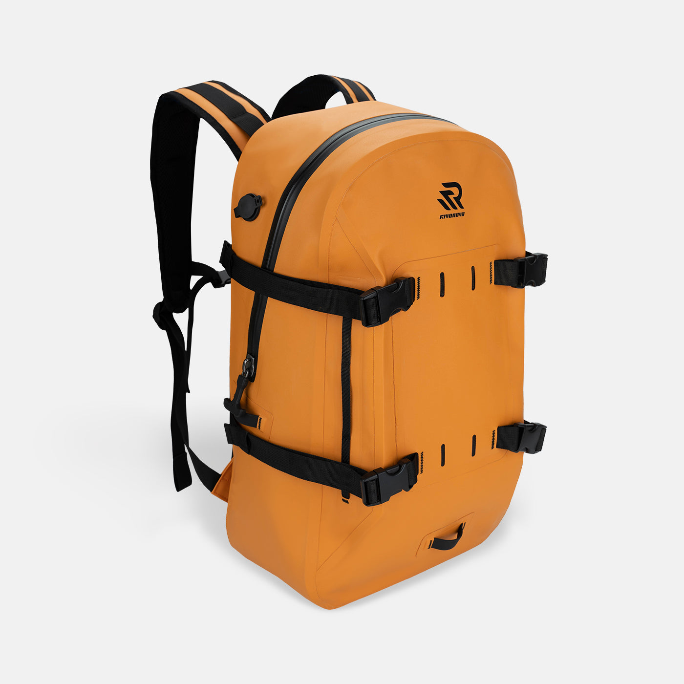 RIVONOVA 30L Waterproof Backpack in Orange - front view with waterproof zipper pocket