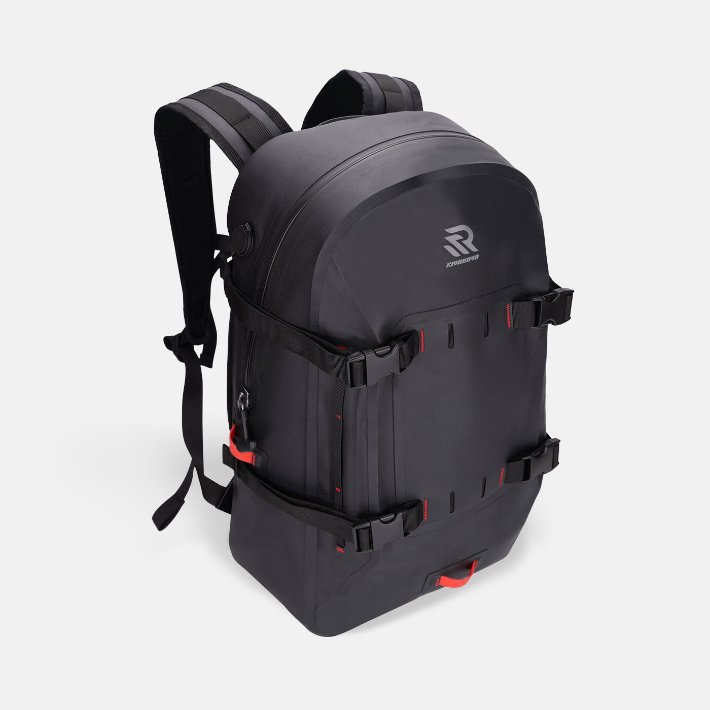 RIVONOVA 30L Waterproof Backpack in Black - front view with waterproof zipper pocket