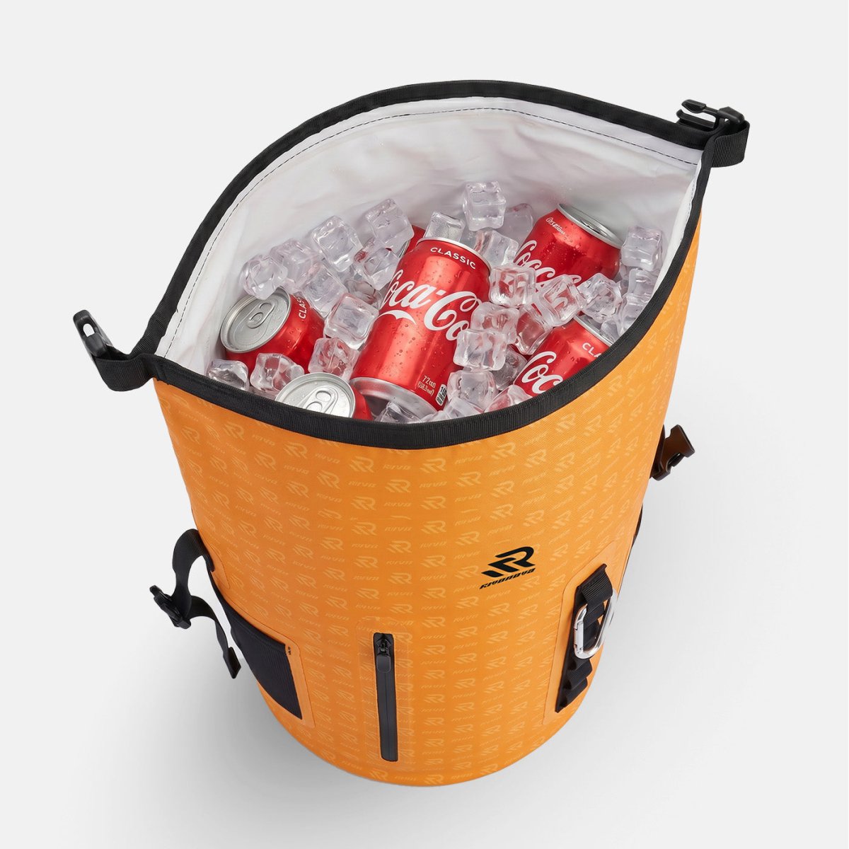 RIVONOVA 35L Roll-Top Backpack Cooler in Orange - open cooler interior with ice and drinks#Color_orange