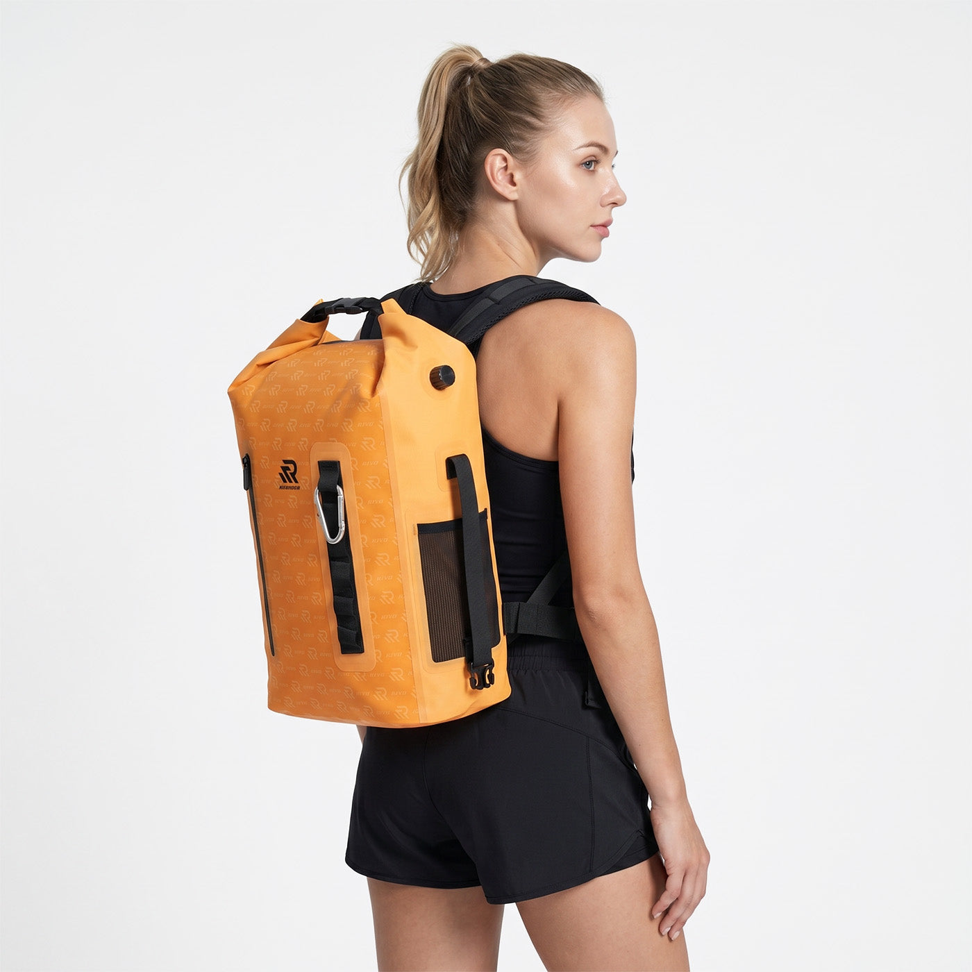 RIVONOVA 20L Roll-Top Backpack Cooler - side view worn#Size_20L#Color_Orange
