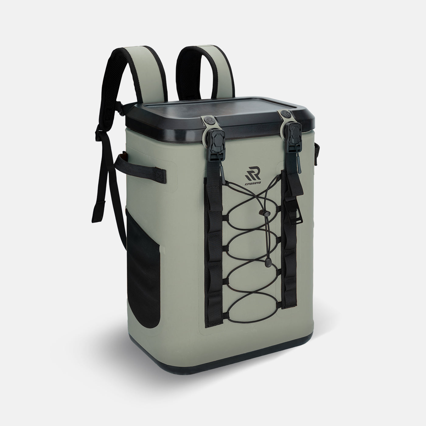 #Color_Green RIVONOVA 24Can Magnetic Soft Cooler - front view with magnetic closure, dual-buckle.