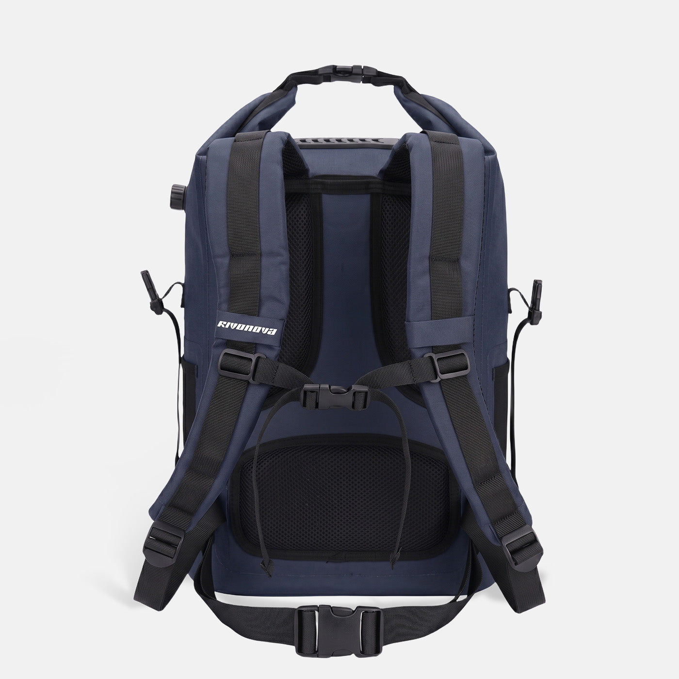 RIVONOVA 20L Roll-Top Backpack Cooler in Navy - back view with an ergonomic back panel and shoulder strap design, ensuring a comfortable carrying experience.
