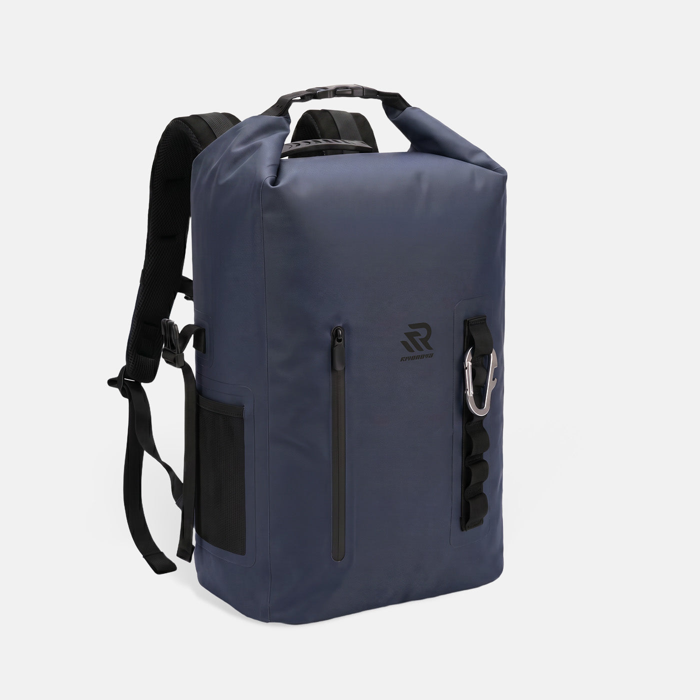 RIVONOVA 20L Roll-Top Backpack Cooler in Navy - front view with a waterproof zippered pocket