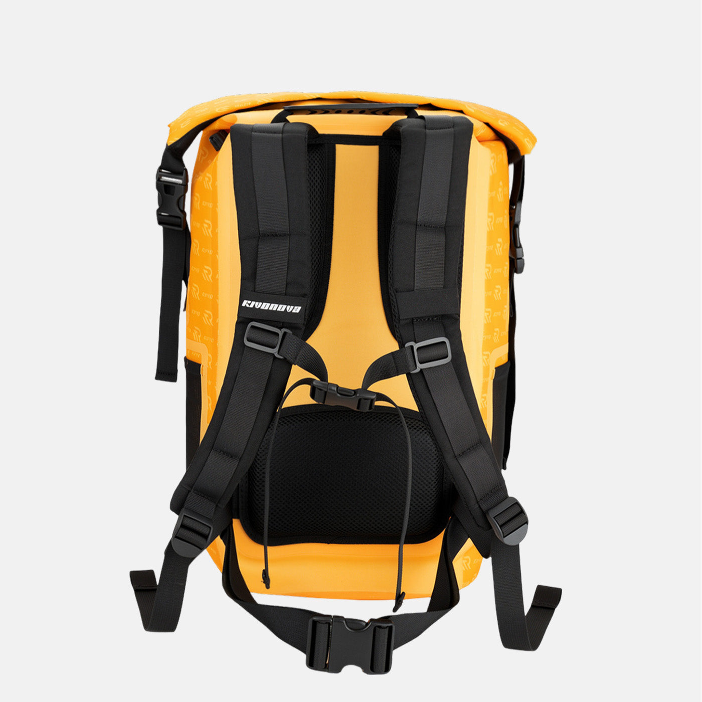 RIVONOVA 35L Roll-Top Backpack Cooler in Orange - back view with quick-drying back panel and shoulder straps