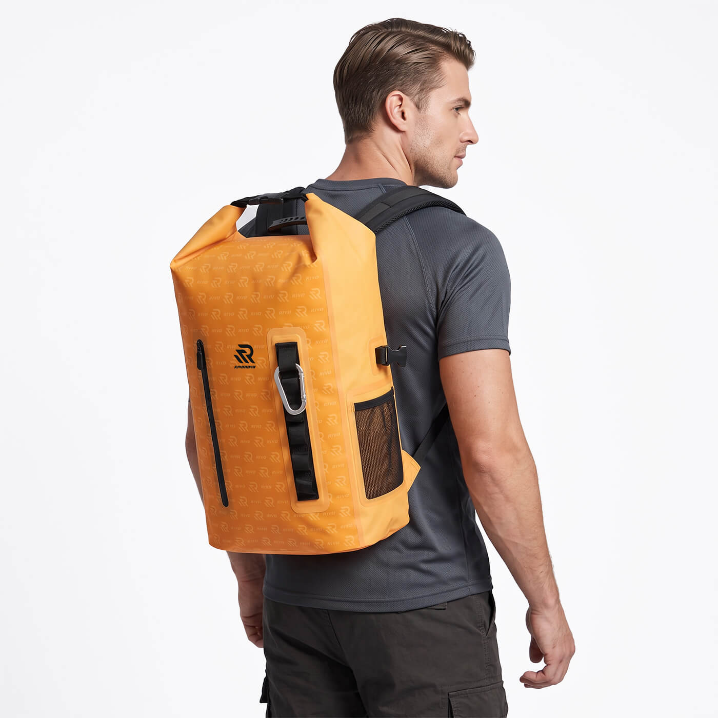 RIVONOVA 20L Roll-Top Backpack Cooler - side view worn#Size_20L#Color_Orange