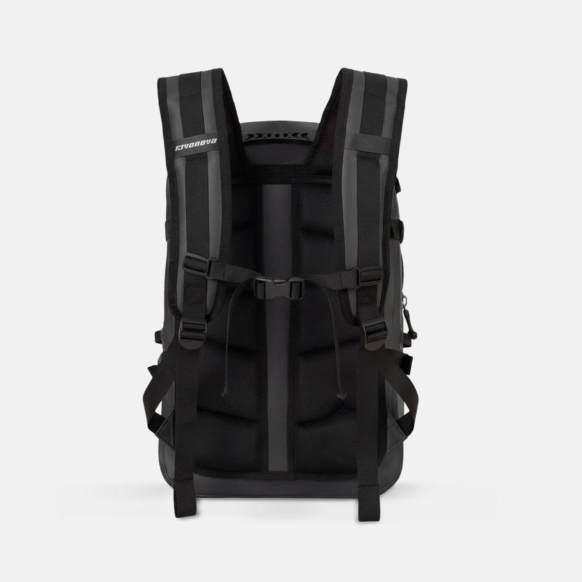 RIVONOVA 30L Waterproof Backpack in Black - back view with ergonomic quick-drying back panel and shoulder straps#Color_Black