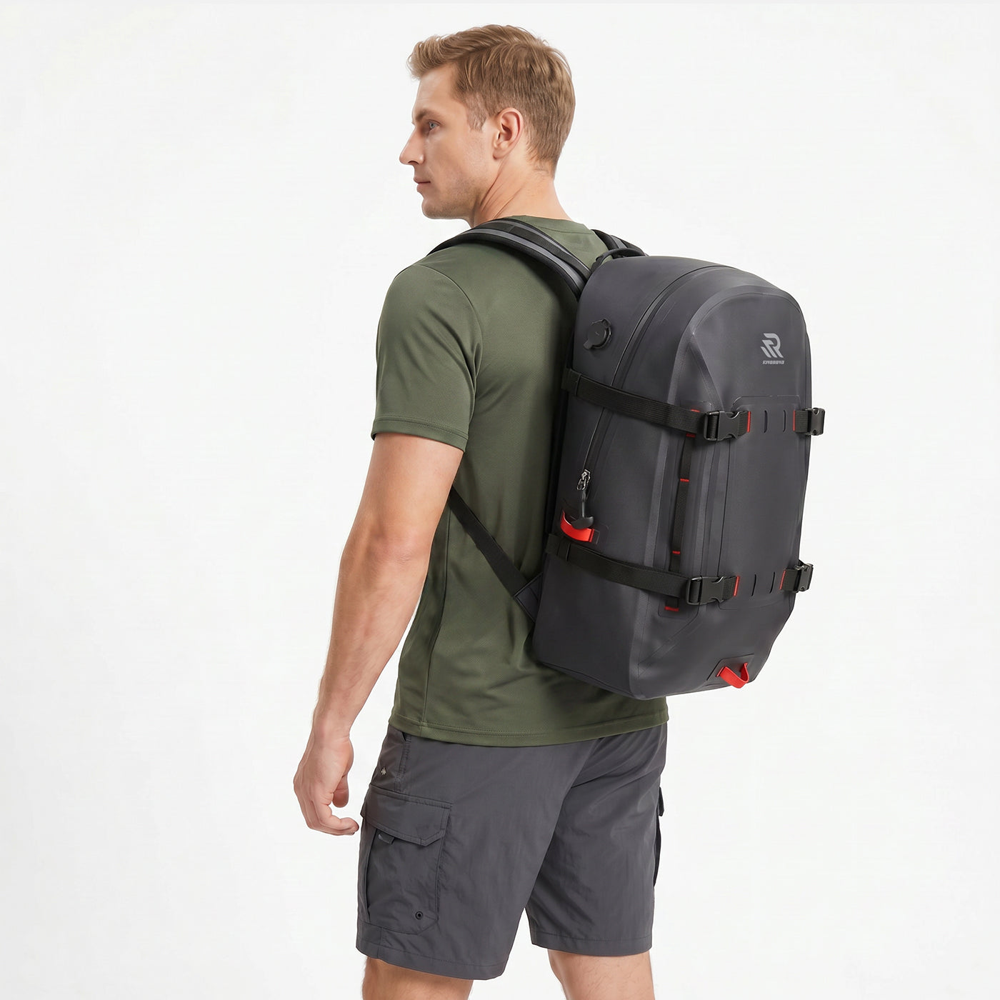 Back view of a man wearing a Rivonova waterproof backpack black