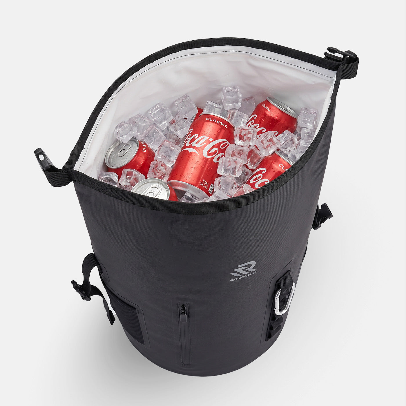 RIVONOVA roll-top backpack cooler in black - inner with ice and drinks