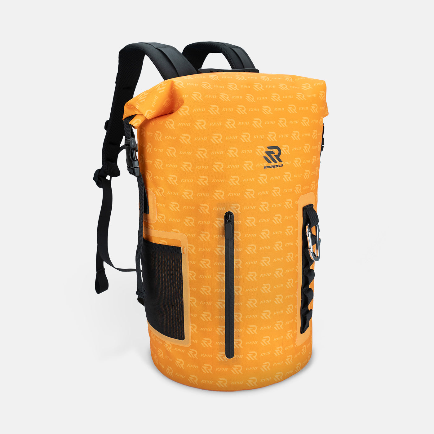 RIVONOVA 35L Roll-Top Backpack Cooler - front view with a waterproof zippered pocket#Size_35L#Color_Orange