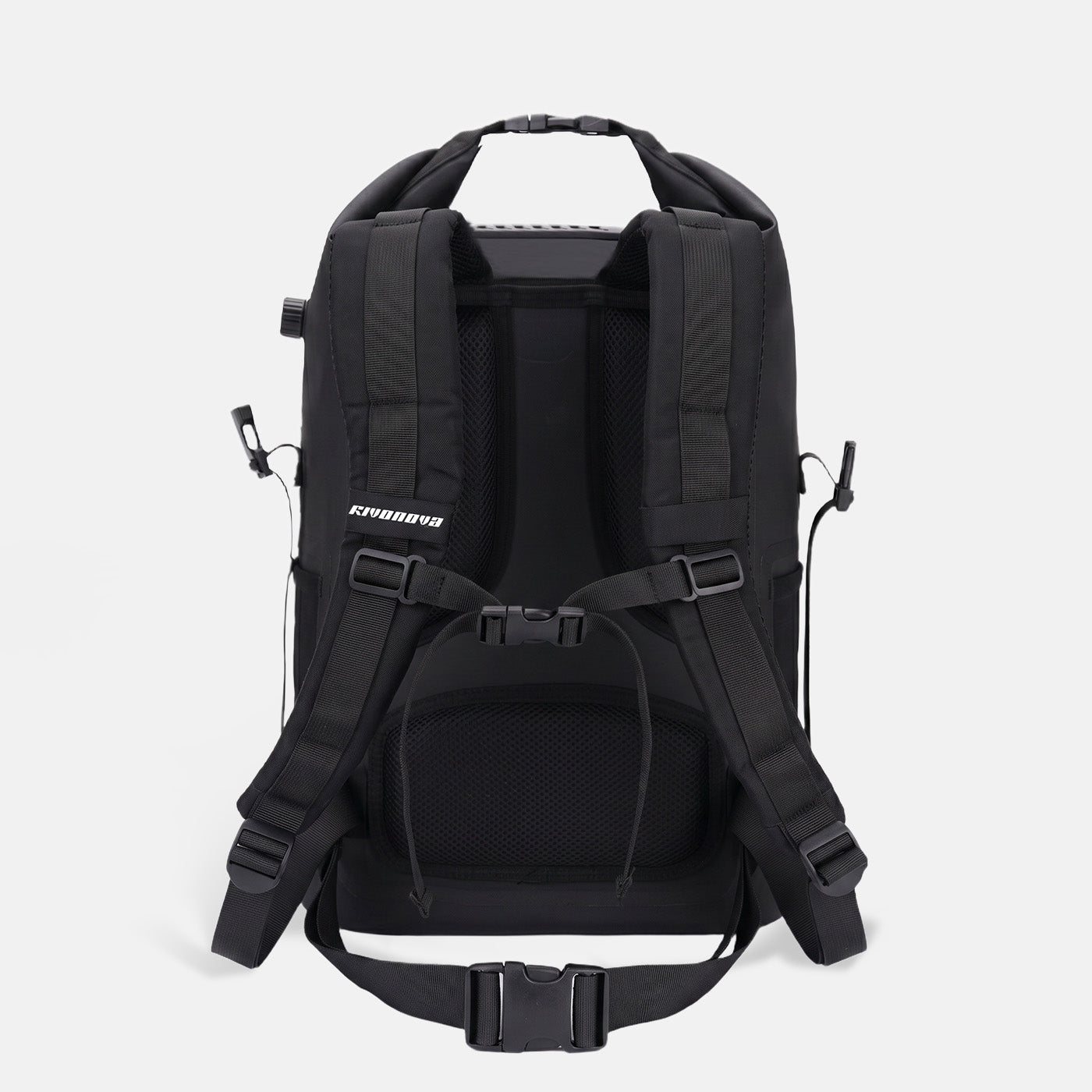 RIVONOVA 20L Roll-Top Backpack Cooler in Black - back view with an ergonomic back panel and shoulder strap design, ensuring a comfortable carrying experience.