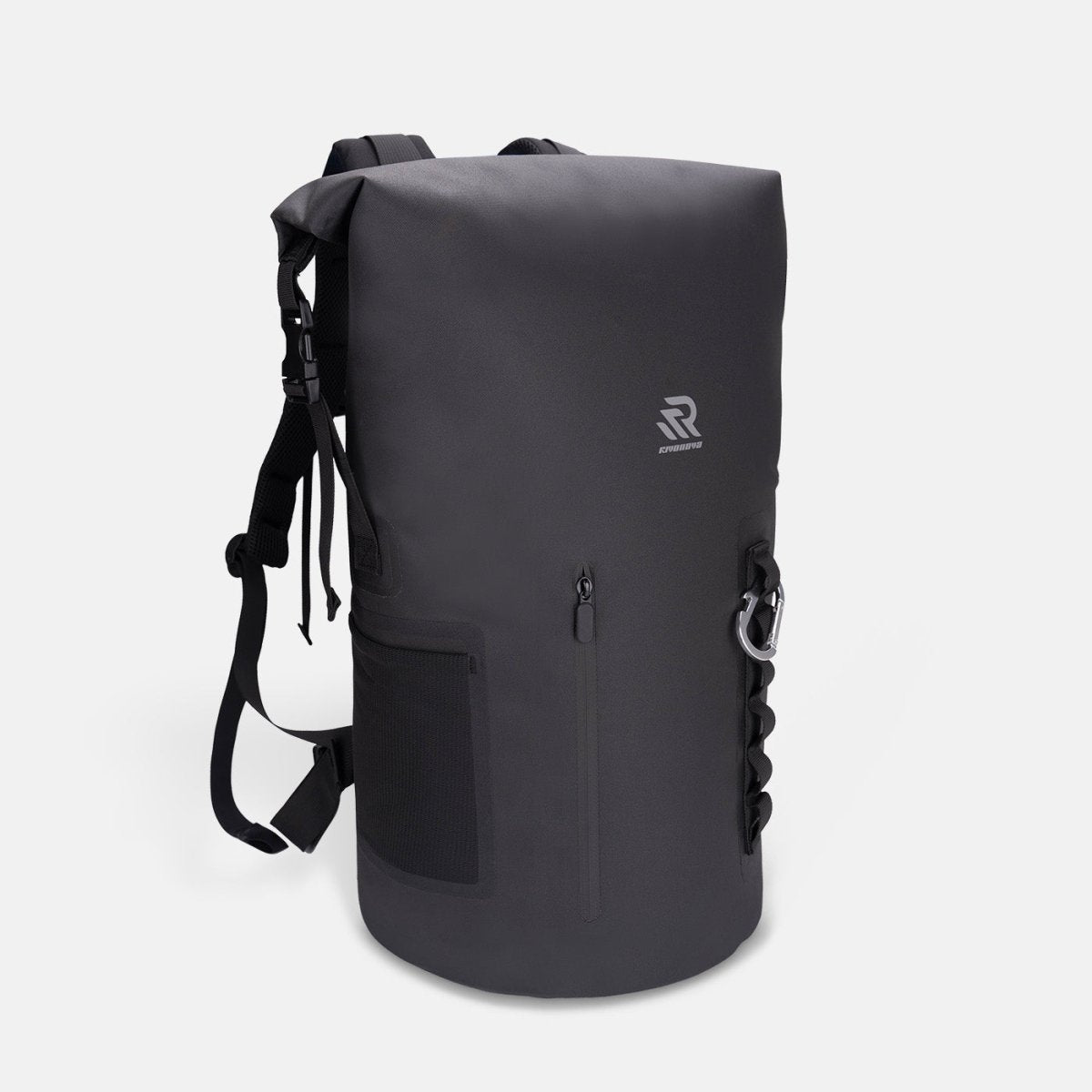 RIVONOVA 35L Roll-Top Backpack Cooler in Black - front view with a waterproof zippered pocket#Size_35L#Color_black
