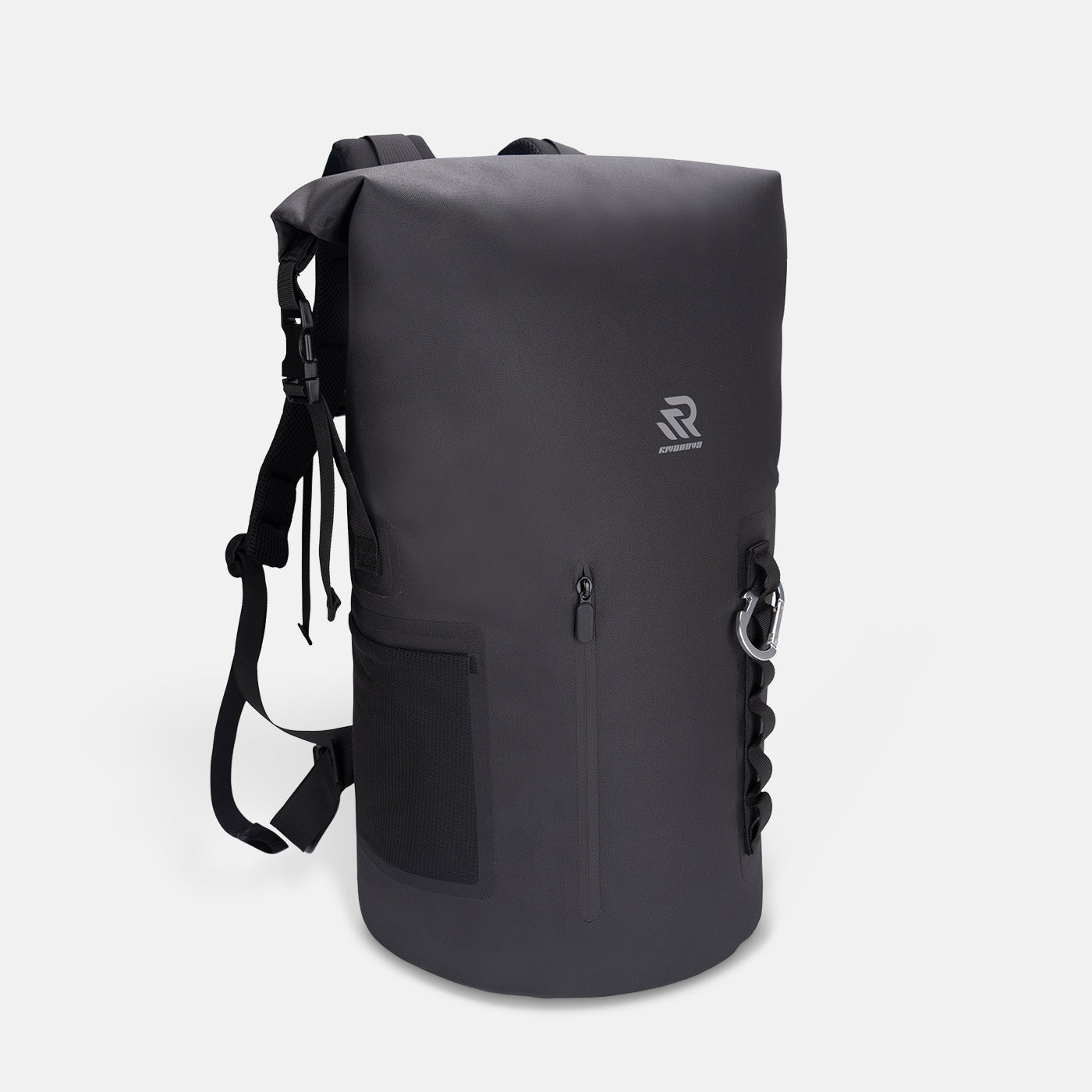 RIVONOVA 35L Roll-Top Backpack Cooler in Black - front view with a waterproof zippered pocket#Size_35L#Color_black