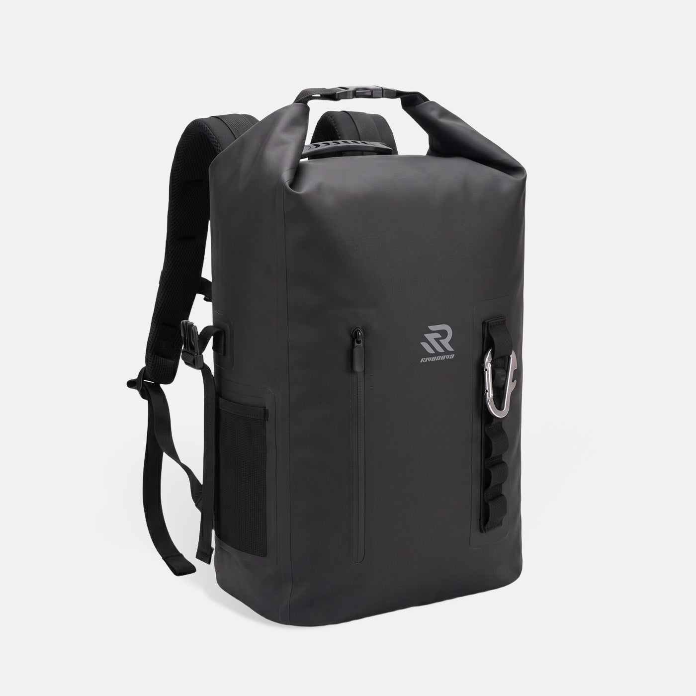 RIVONOVA 20L Roll-Top Backpack Cooler in Black - front view with a waterproof zippered pocket