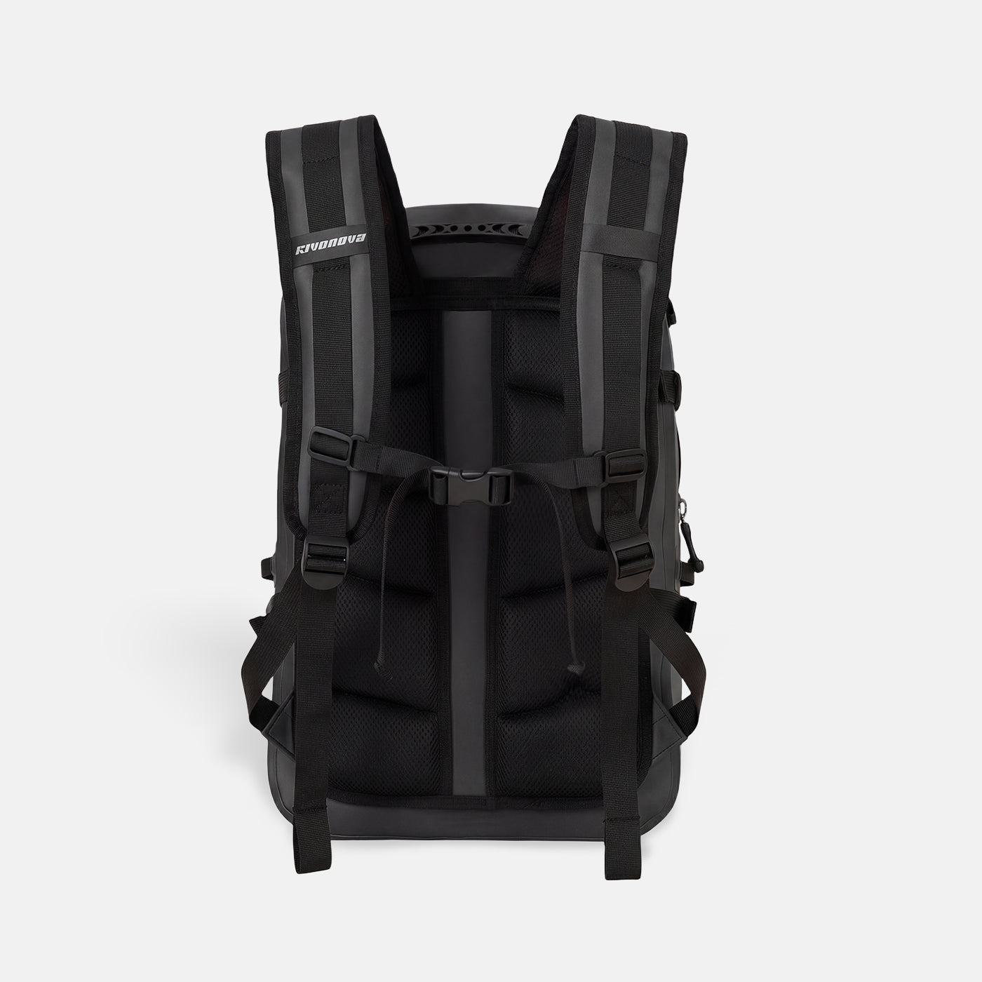 RIVONOVA 30L Waterproof Backpack in Black - back view with ergonomic quick-drying back panel and shoulder straps