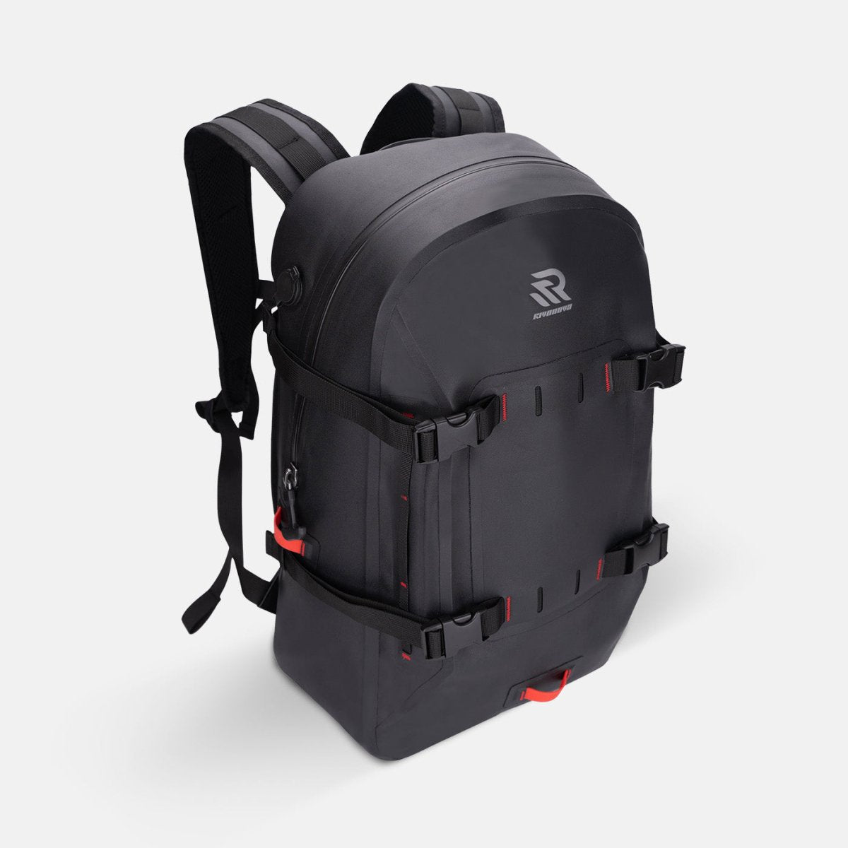RIVONOVA 30L Waterproof Backpack - front view with waterproof zipper pocket#Color_Black