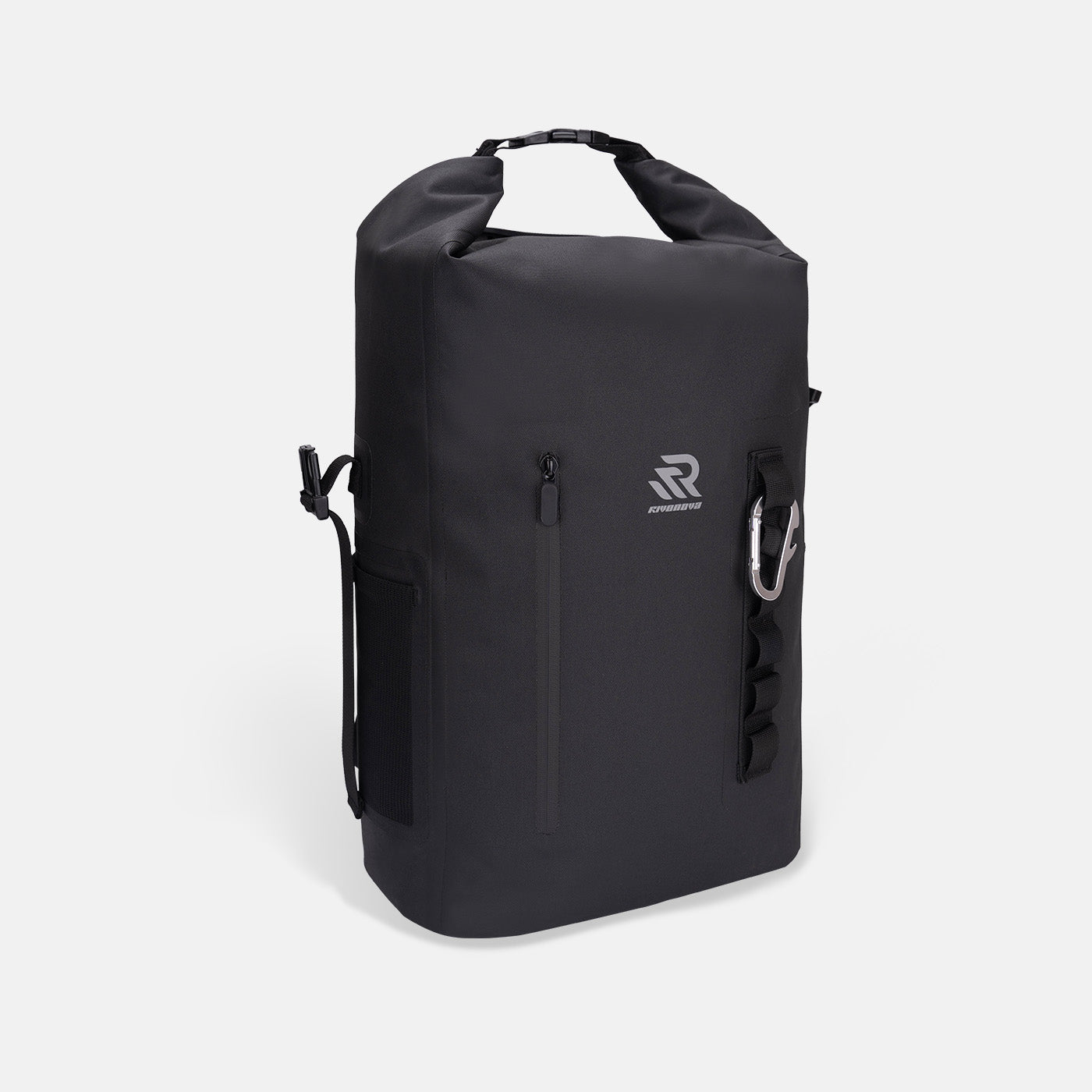 RIVONOVA 20L Roll-Top Backpack Cooler in Black - front view with a waterproof zippered pocket