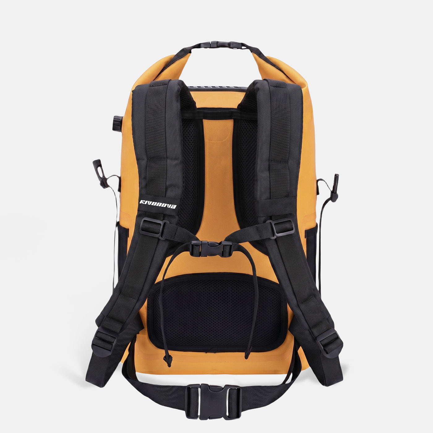 RIVONOVA 20L Roll-Top Backpack Cooler in Orange - back view with an ergonomic back panel and shoulder strap design, ensuring a comfortable carrying experience.