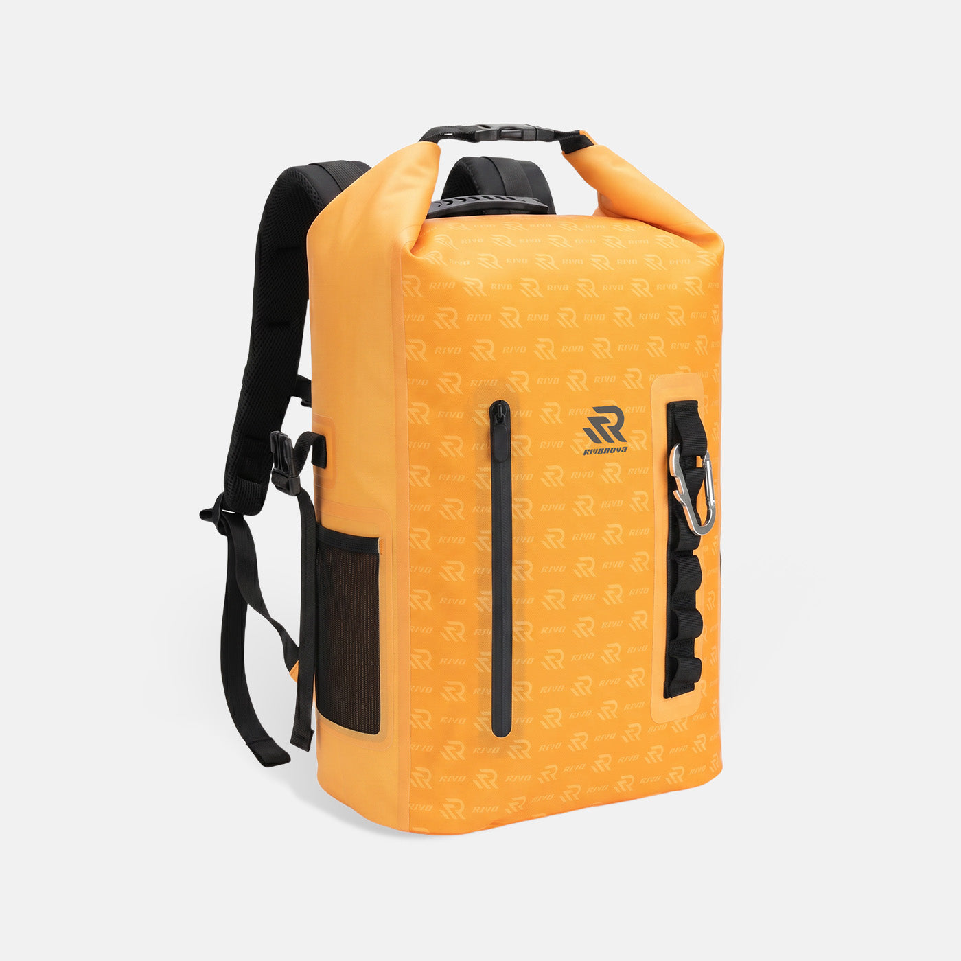RIVONOVA 20L Roll-Top Backpack Cooler in Orange - front view with a waterproof zippered pocket
