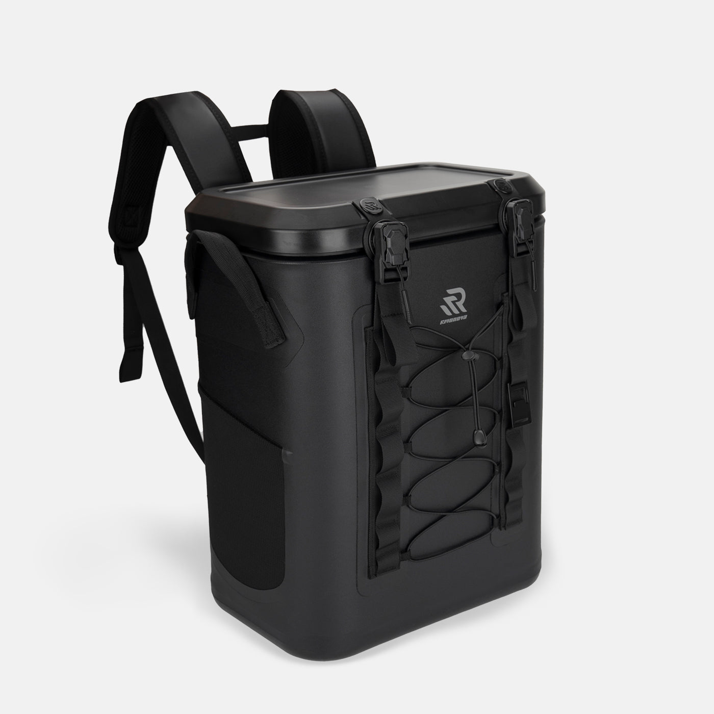 RIVONOVA 24Can Magnetic Soft Cooler in Black - front view with magnetic closure, dual-buckle.