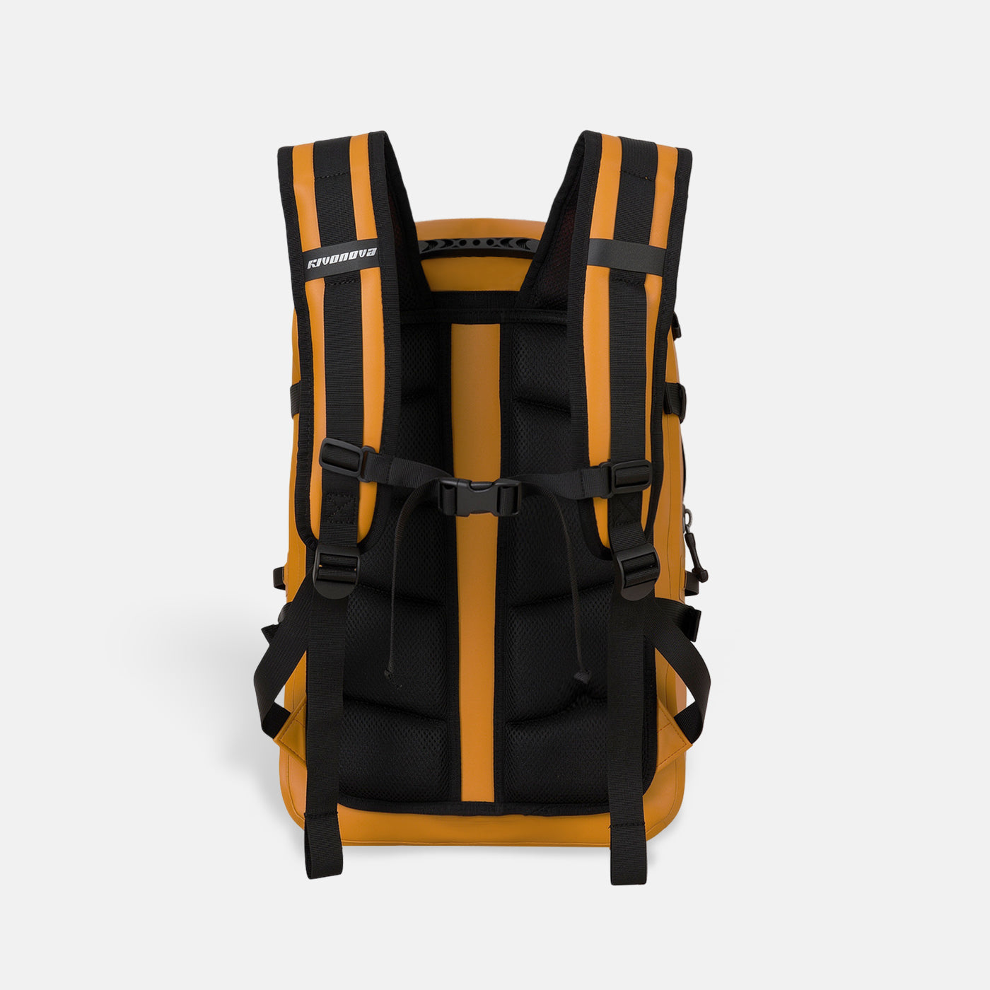 RIVONOVA 30L Waterproof Backpack in Orange - back view with ergonomic quick-drying back panel and shoulder straps