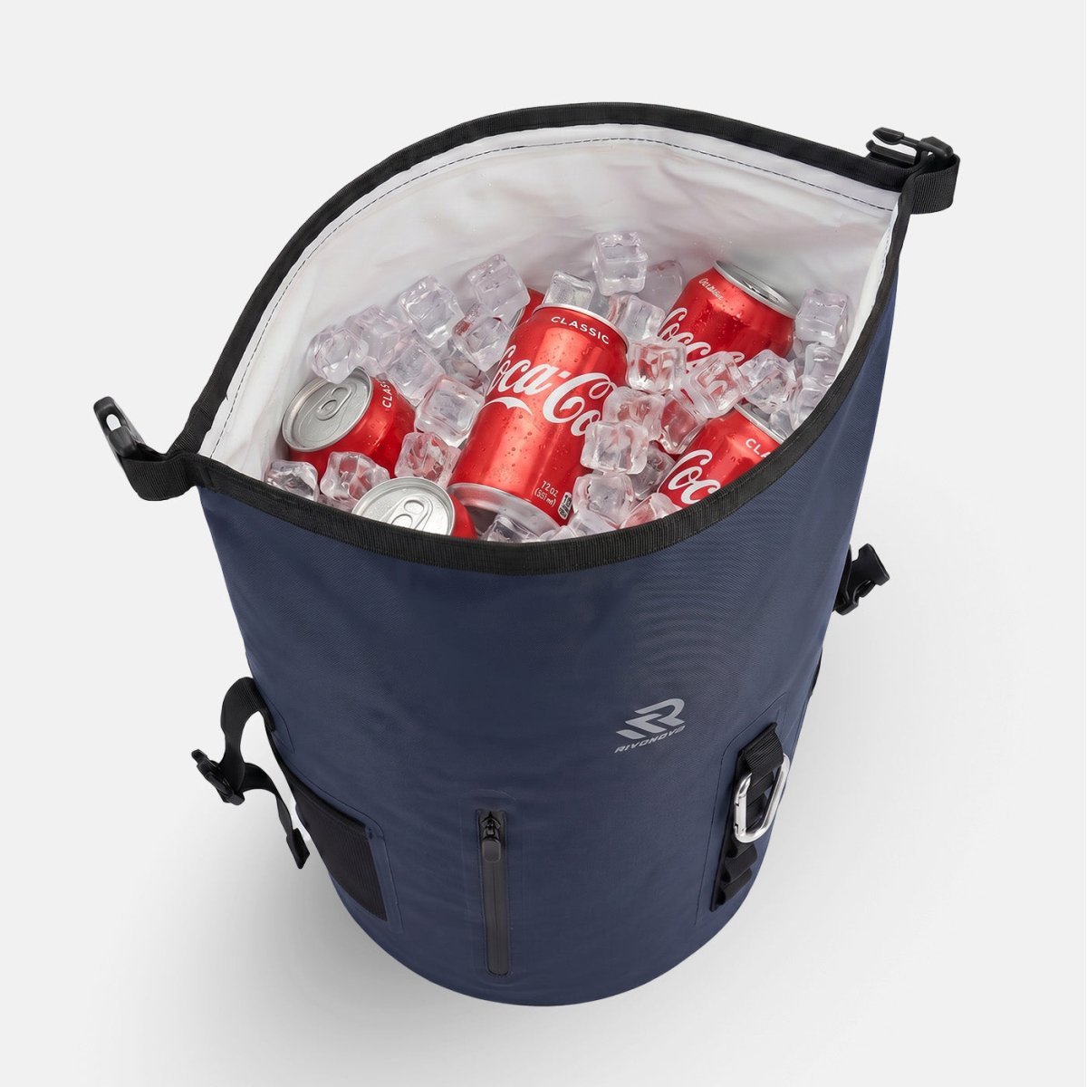 RIVONOVA 20L Roll-Top Backpack Cooler in Navy - open cooler interior with ice and drinks#Color_navy