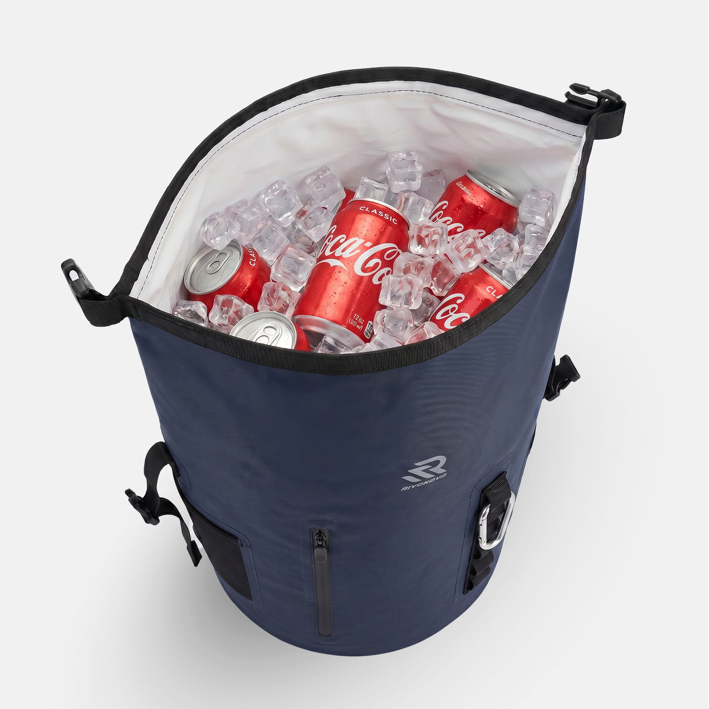 RIVONOVA roll-top backpack cooler in navy - inner with ice and drinks