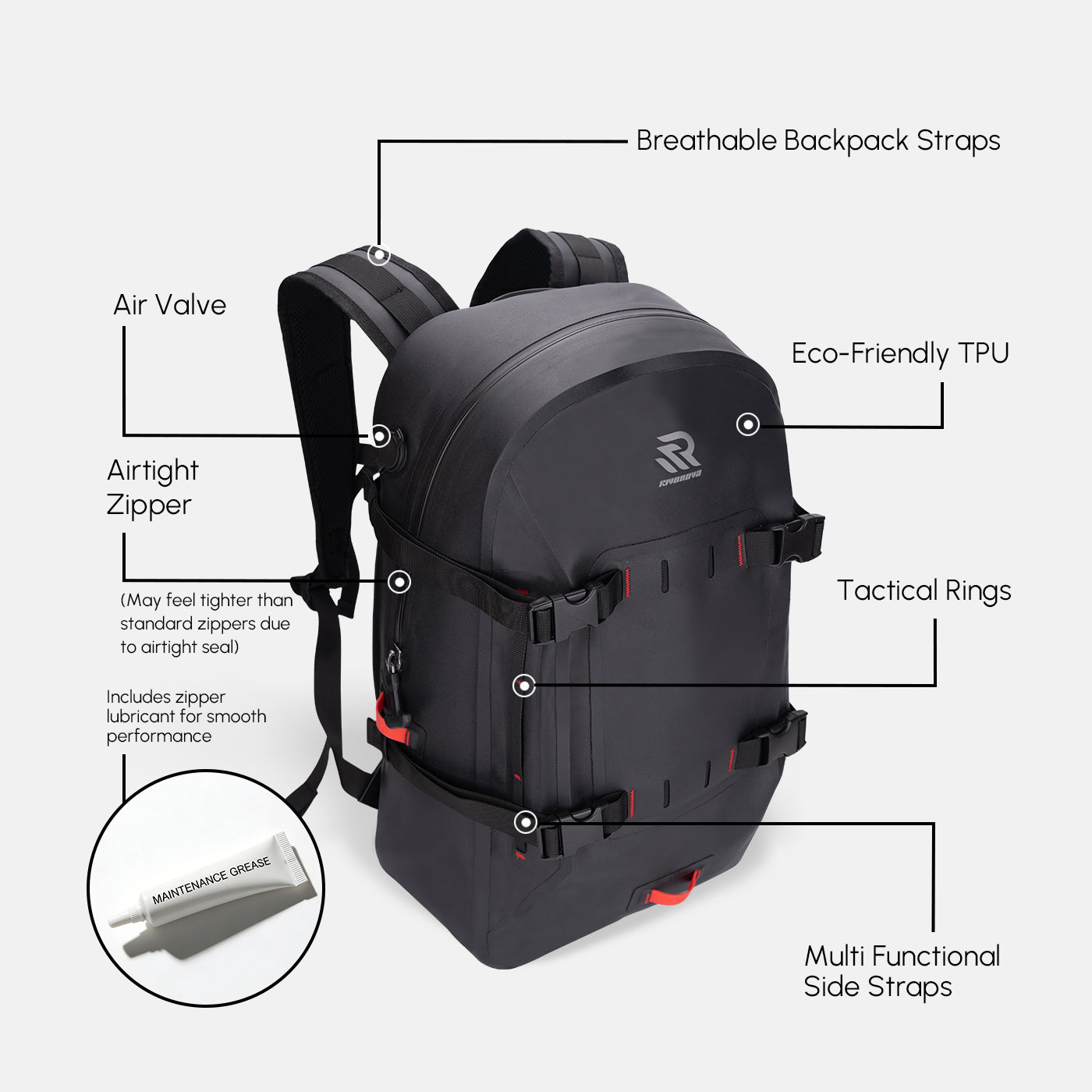 RIVONOVA 30L Waterproof Backpack in Black - showcase structure