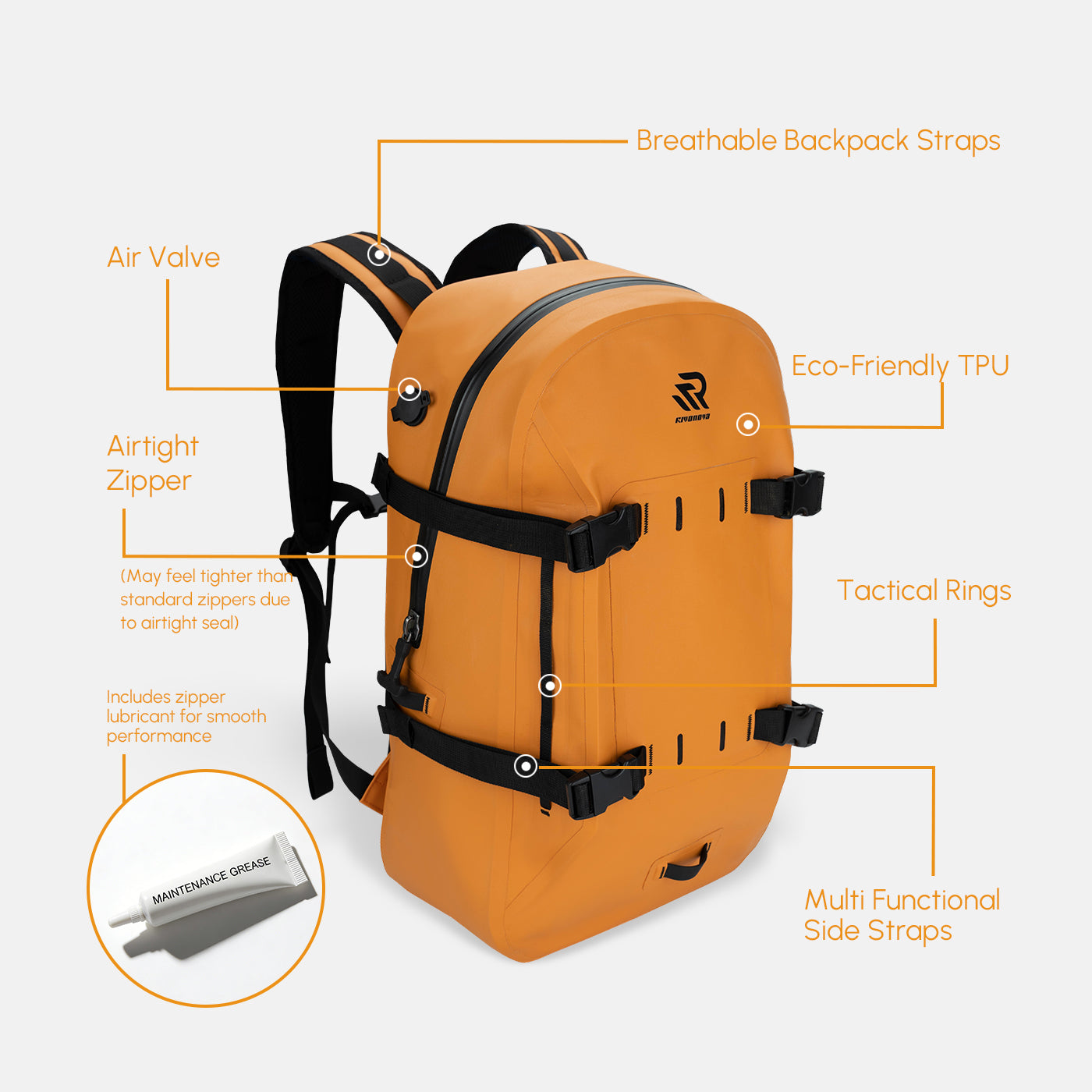 RIVONOVA 30L Waterproof Backpack in Orange - showcase structure