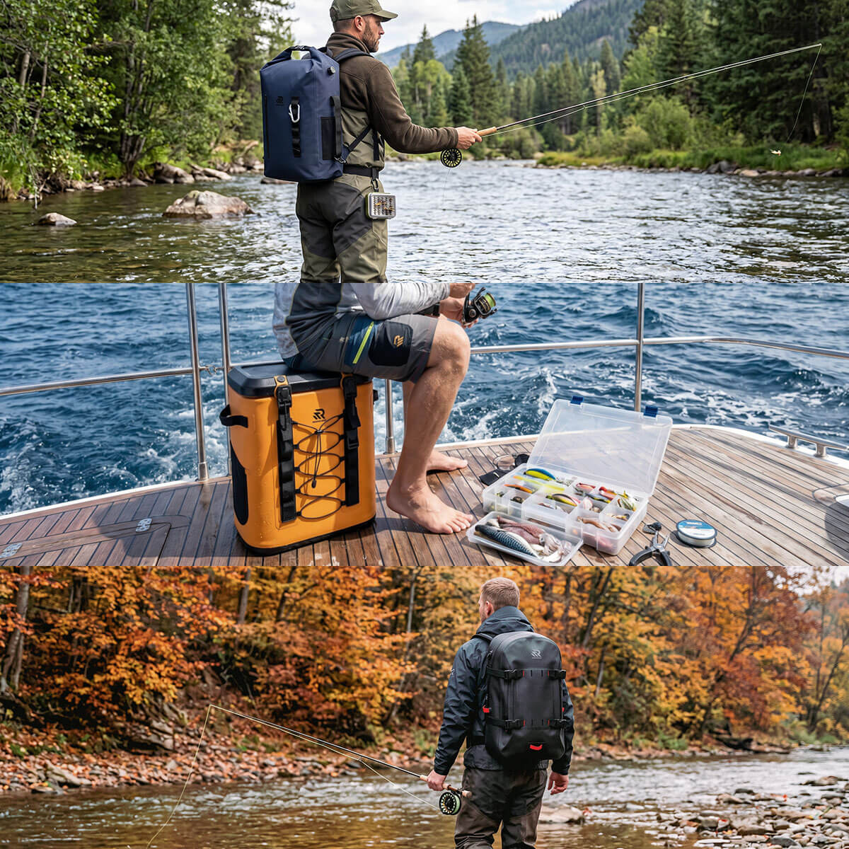 RIVONOVA backpacks and coolers are for fishing.