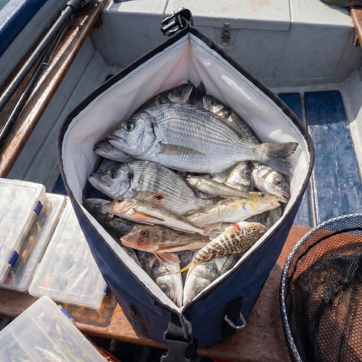 The RIVONOVA roll top backpack cooler can be used to store fish and keep it fresh.