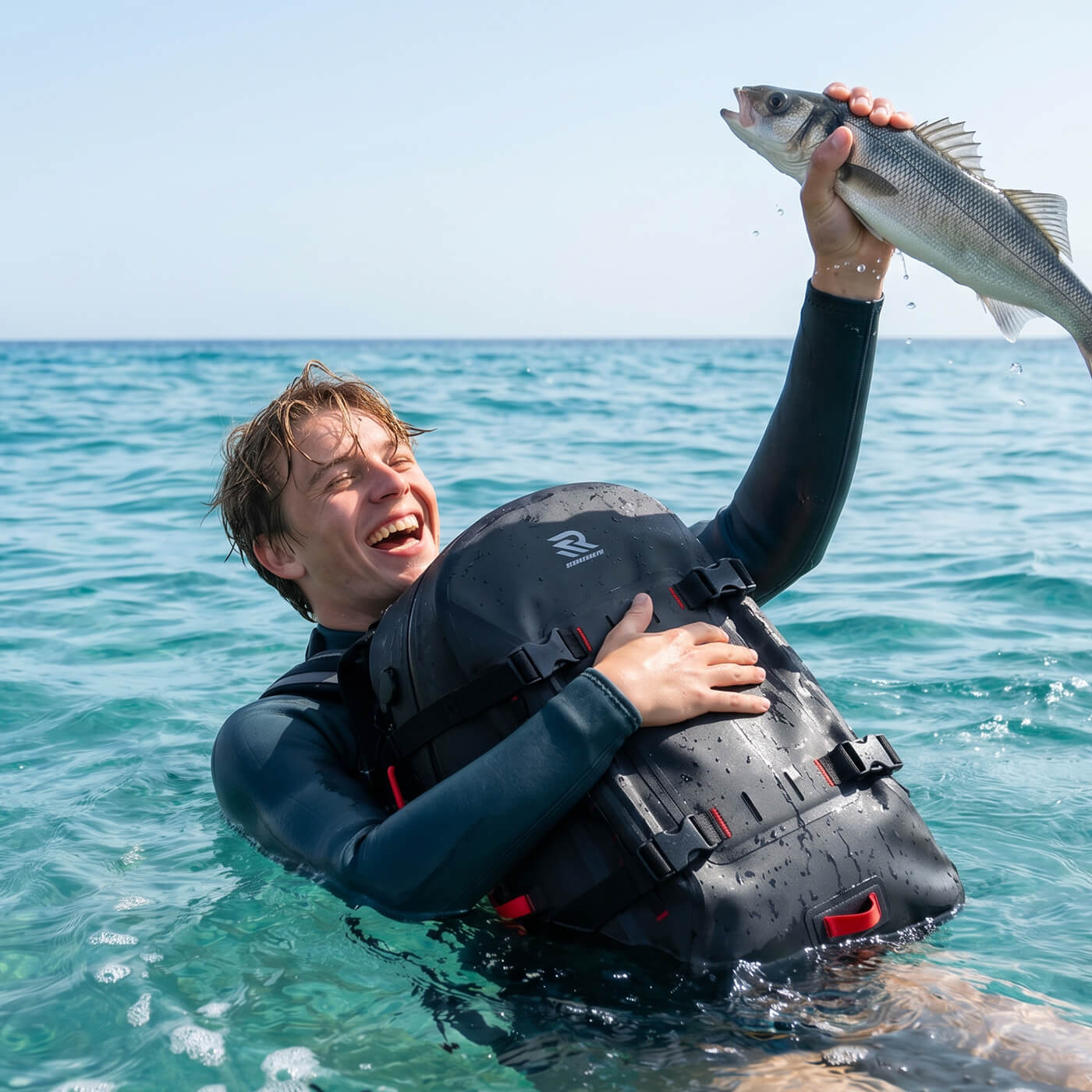 the man with rivonova floating waterproof backpack on the water