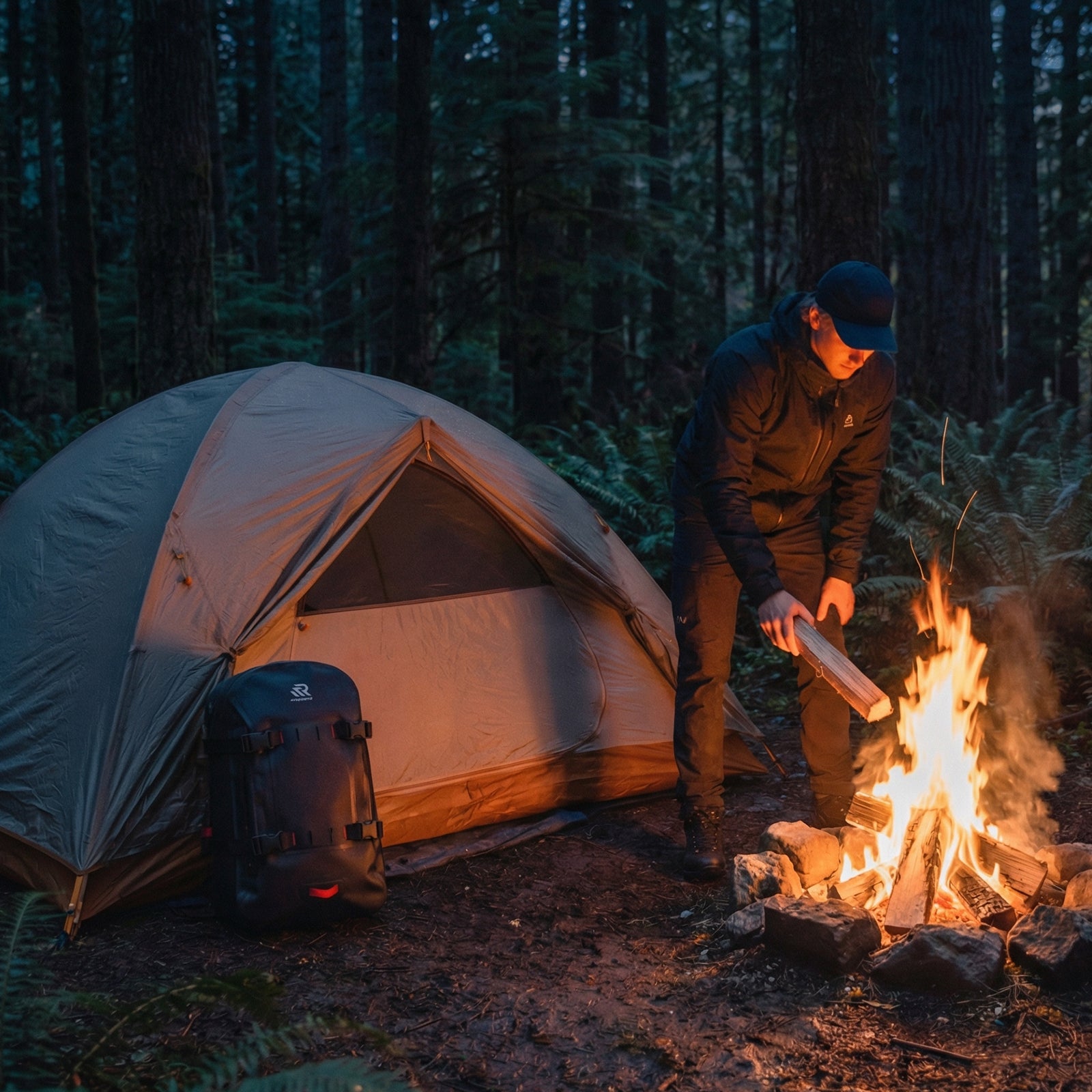 Man take waterproof backpack for camping on Forest
