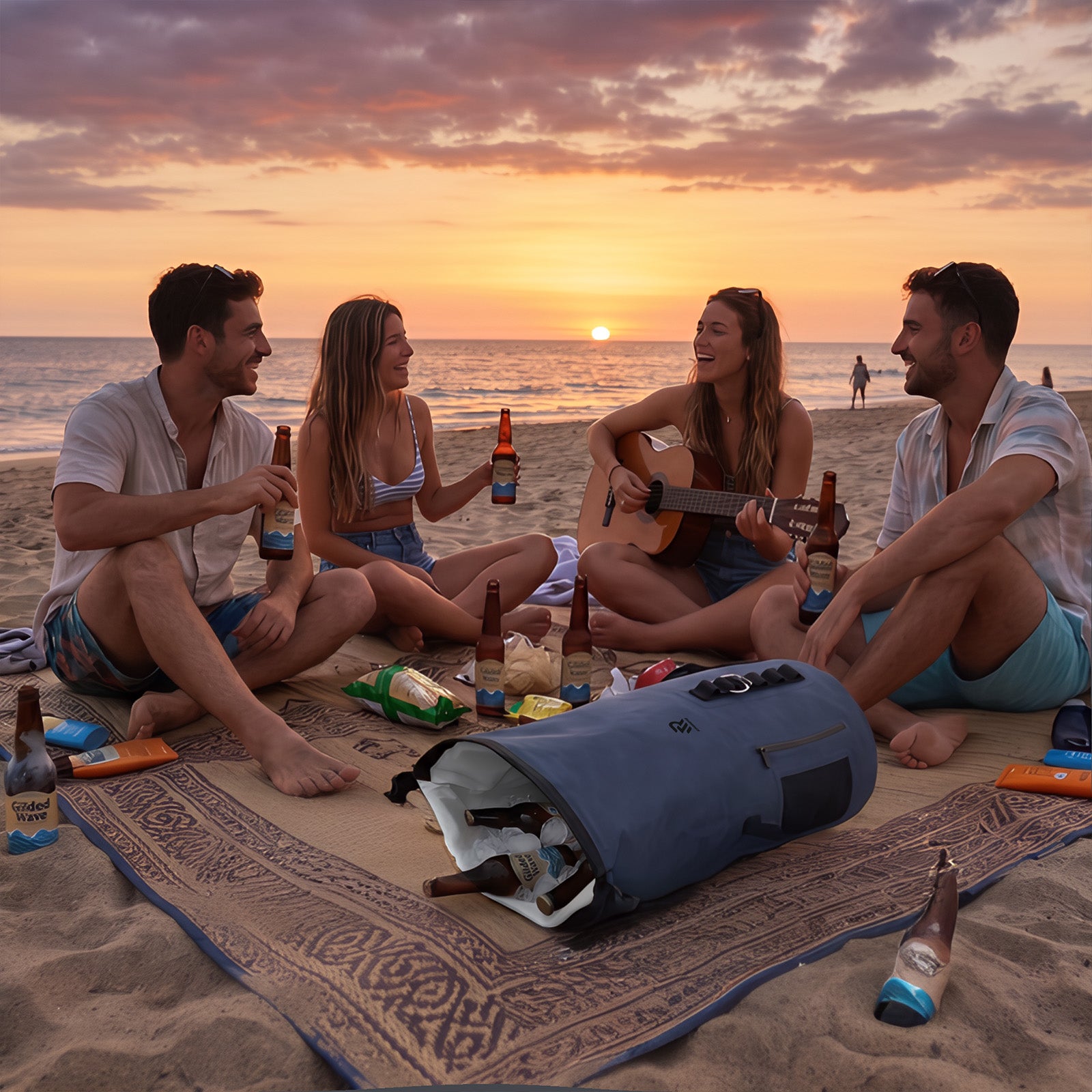 Friends enjoying a sunset beach picnic with a Roll-Top Backpack Cooler